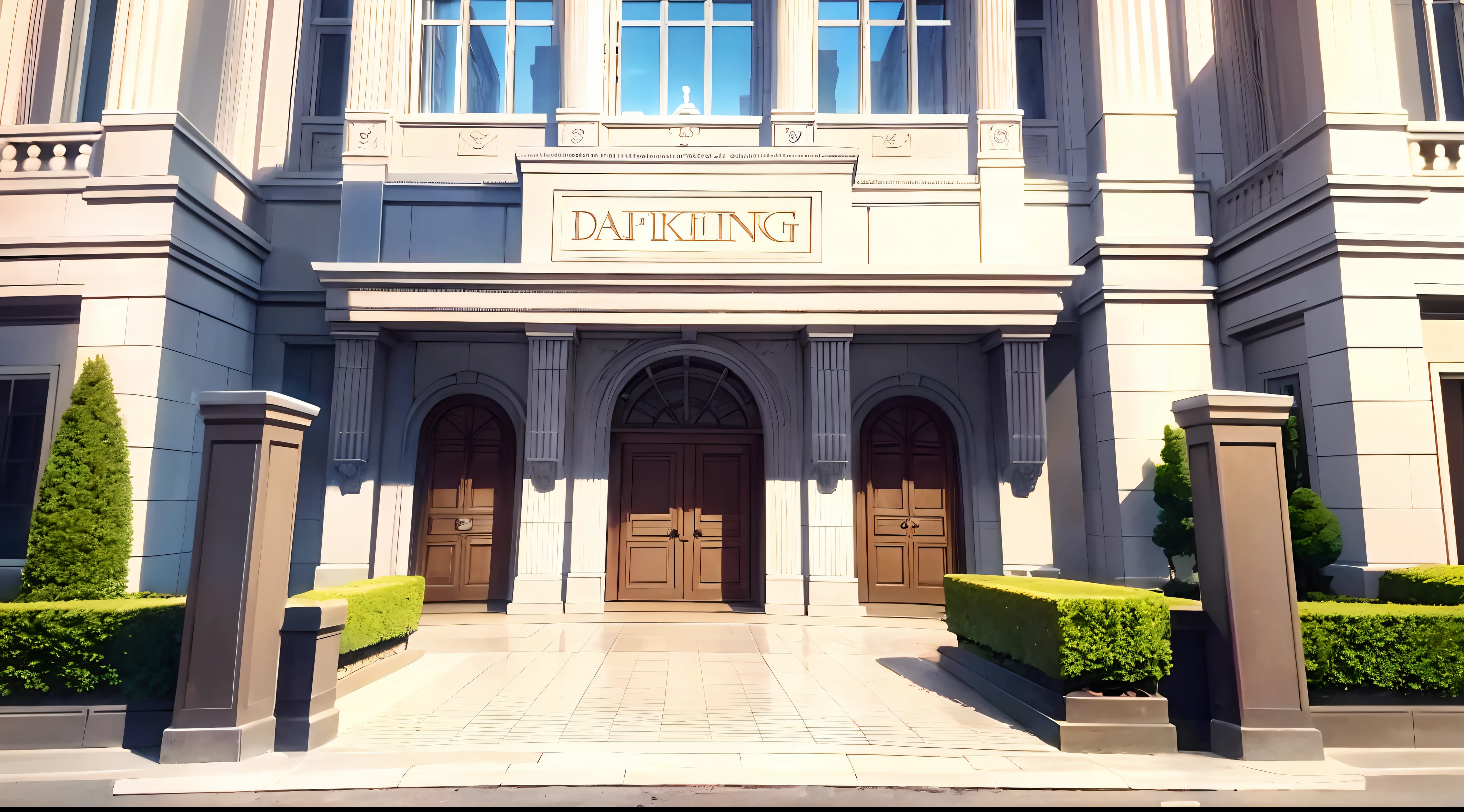 Logo bank letters,At the door of the bank,Big building,Faraway view,The gate is huge
