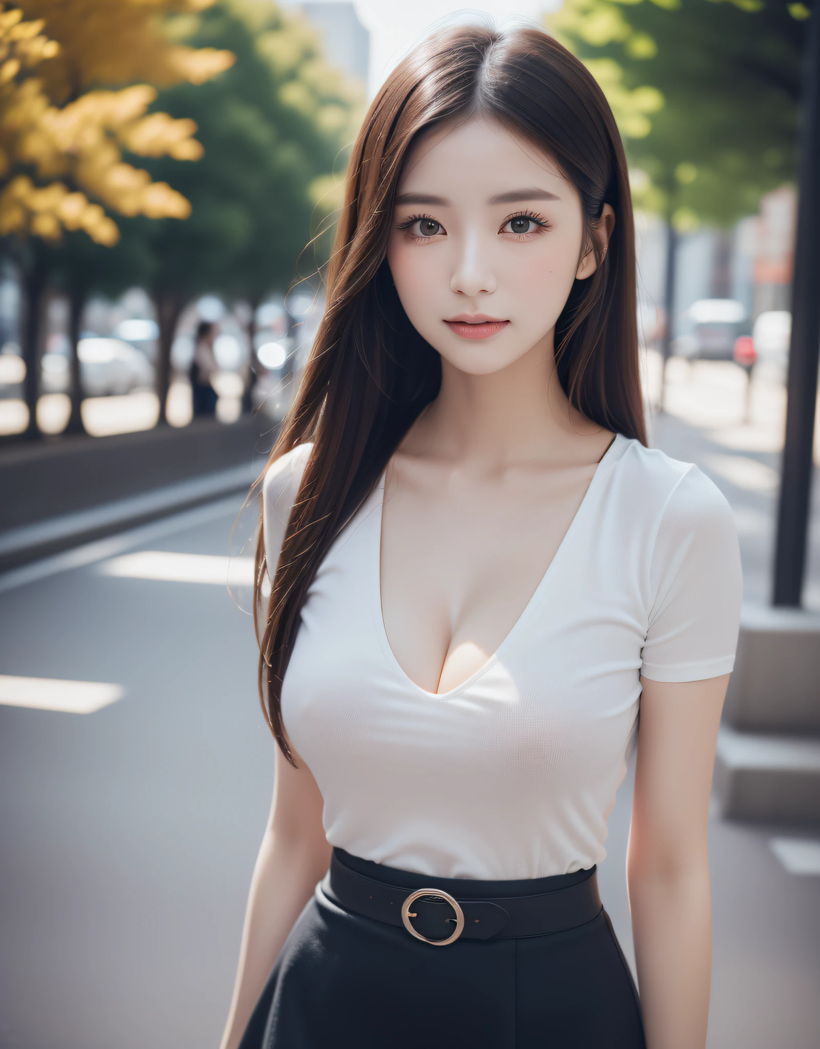 (8k, RAW photo, best quality, masterpiece: 1.2), (realistic, photorealistic: 1.37), (upper body:1.3), white skin, real human skin, (detailed face), oval face, pores, ultra high res, (8k, RAW photo, photorealistic:1.4), 1girl, slim, (large-breast:1.37, cleavage), (looking straight at viewer with a serene and goddess-like happiness:1.2, stylish model posing:1.3, arms behind back), (lifter gloss, eyelashes, gloss-face, best quality, ultra highres, Broad lighting, natural shading), lovely look, (random color V-neck T-shirt:1.3, black high-waist-box-skirt:1.3), cityscape, fashion street venue, arms behind back:1.3, burry background, bokeh, depth of field, (cowboy shot:1.3), centered image, perfect anatomy, perfect proportion,