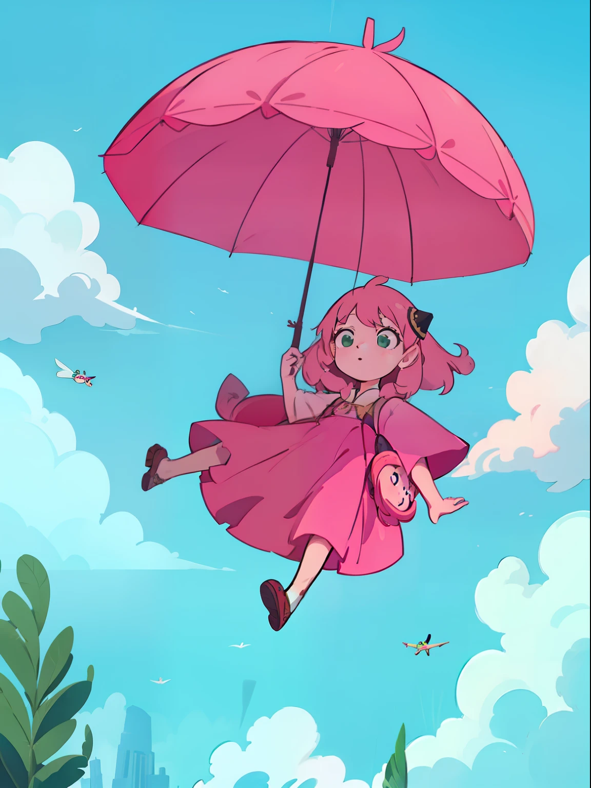 Anya forger, anya, illustration, masterpiece, high quality, best quality, (high detailed:1.2), (extremely detailed:1.3), pink hair, green eyes, umbrella, floating, flying, sky, sky diving, holding umbrella, full body, ghibli