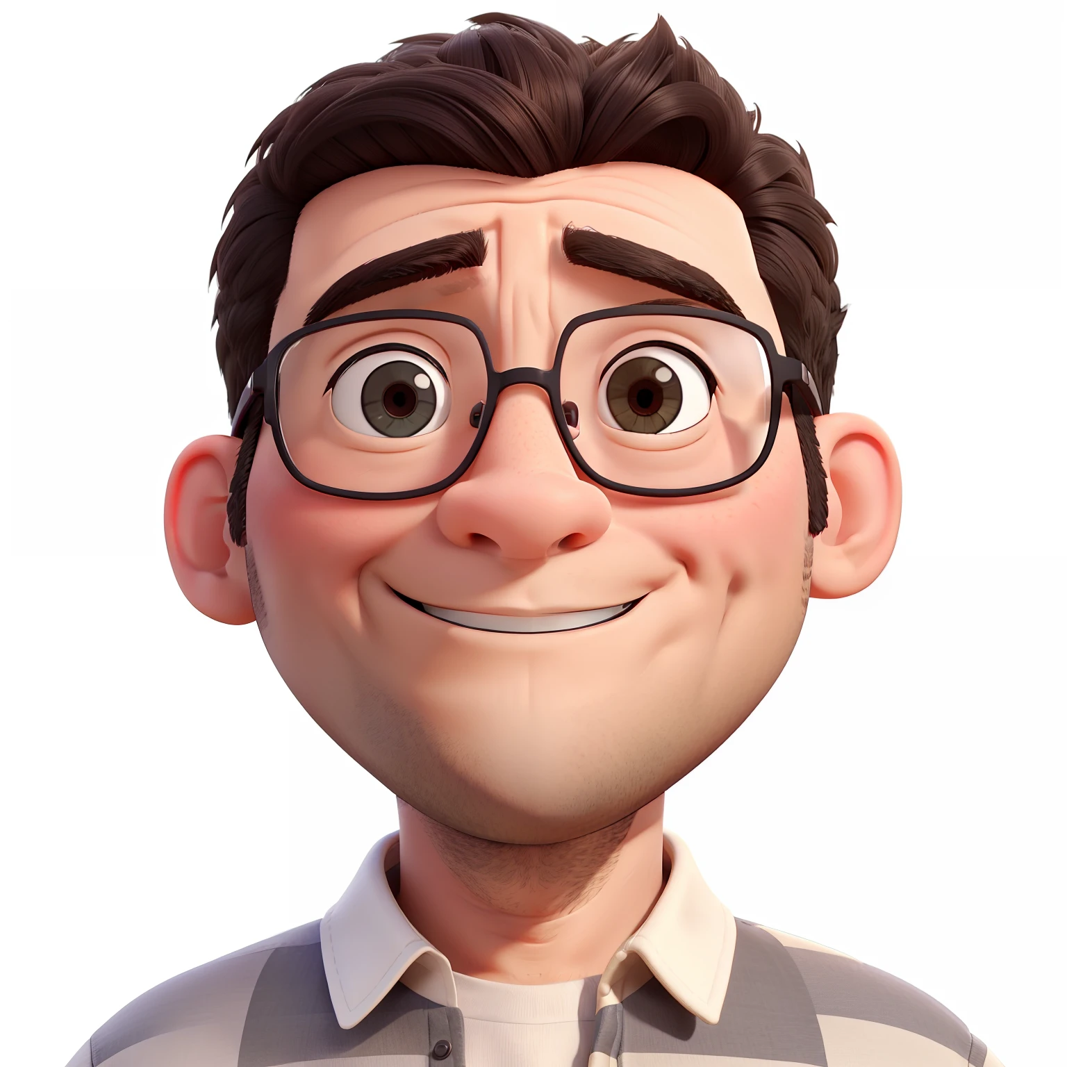 Male, 40 years old, slightly fat big breasts, face round, ((Short black hair)), ((Smiling)),(White-framed glasses), Small eyes,( Head photo), Pure white background,No wrinkles,no facial hair