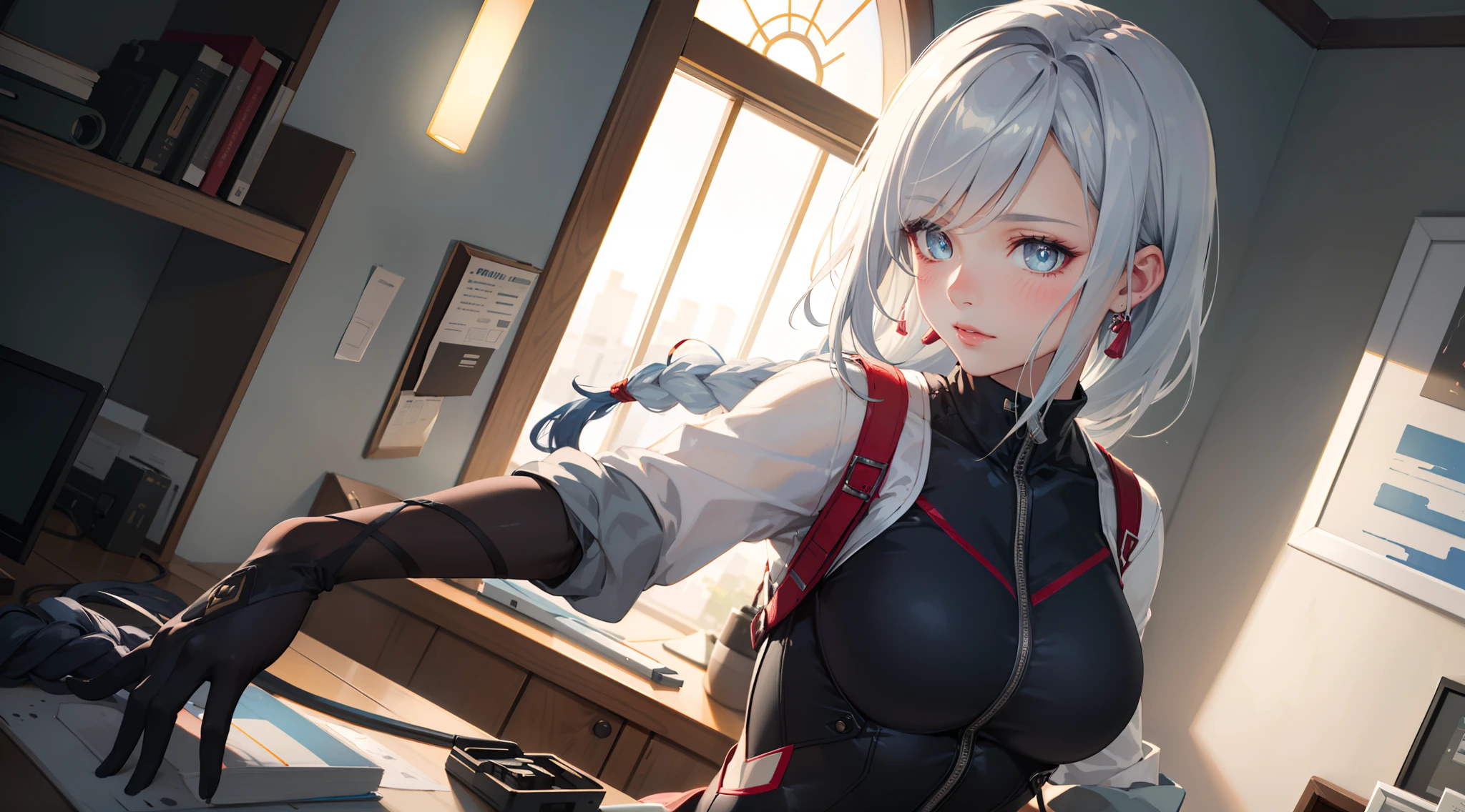 electrician girl, electrician suit, upper body, seductive look, blush, indoors, in office, looking at viewer, cloudy, moody lighting, (perfect detail eyes:1.2), glowing eyes, (long hair one braid:1.2), elemental skill effect, (Masterpiece, Best Quality, High Quality:1.4), professional artwork, Intricate Details, field of view, sharp focus, detailed painting, photorealistic lighting, trending on pixiv, (vivid lighting, vibrant colors:1.05), realistic shadows, ambient occlusion, (athletic body:1.3), mature woman, 30yo, shenhe, hyperdetail eyes, beautiful eyes, (((solo:1.4))), semi-realistic hair