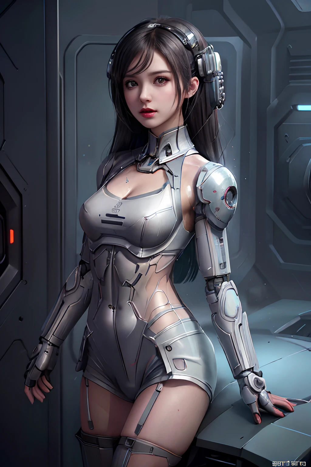 Dystopian, [sci-fi], High Detail RAW color Photo, Full Shot, of (cute female arterial intelligence, cybernetic enhancements), indoors, standing, (inside cryogenic chamber, in advanced cyberpunk research facility), toned physique, (small perky breasts, normal, large ass, (pale skin), (cybernetic implants:1.2), (augmentations), (cyborg:1.1), (detailed skin, diffused skin pores), silicone, metal, (highly detailed, fine details, intricate), (lens flare:0.4), (bloom:0.4), diffused soft lighting, raytracing, shallow depth of field, (Oliver Wetter), photographed on a Canon EOS 5D, 90mm micro lens, f/8, sharp focus, smooth, cinematic film still from Blade Runner 2049, [Cyberpunk:Dieselpunk:0.25]