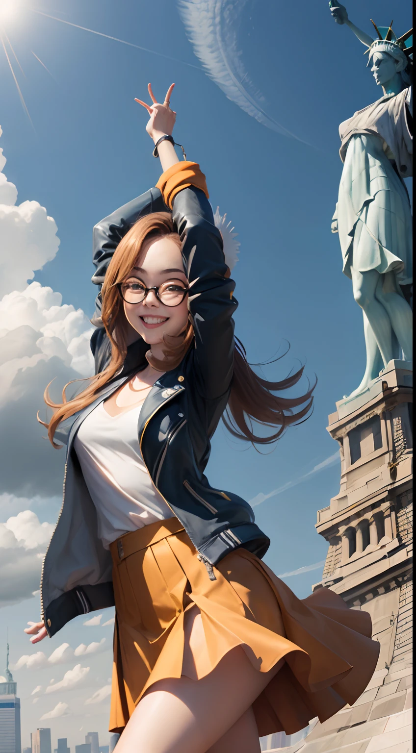 tomgirl, Solo, a-line Skirt, Jacket, Round glasses, Dynamic Angle, statue of liberty in america, Smiling, masterpiece, best quality
