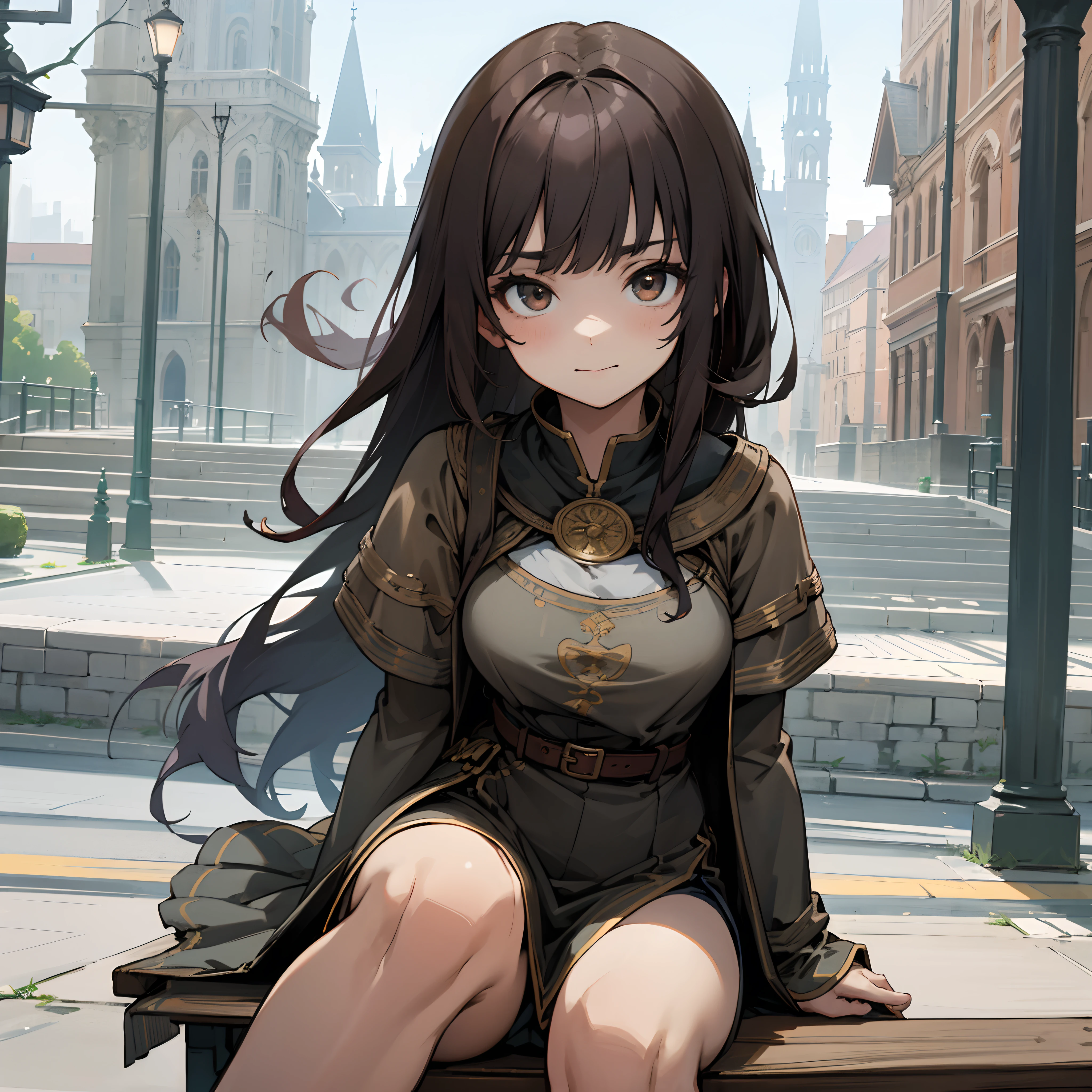 1girl, black long hair. bronze eyes, wearing medieval fantasy dress, high res, ultrasharp, 8k, masterpiece, perfect body, perfect face, cute face, sitting on the bench, medieval city looking forward