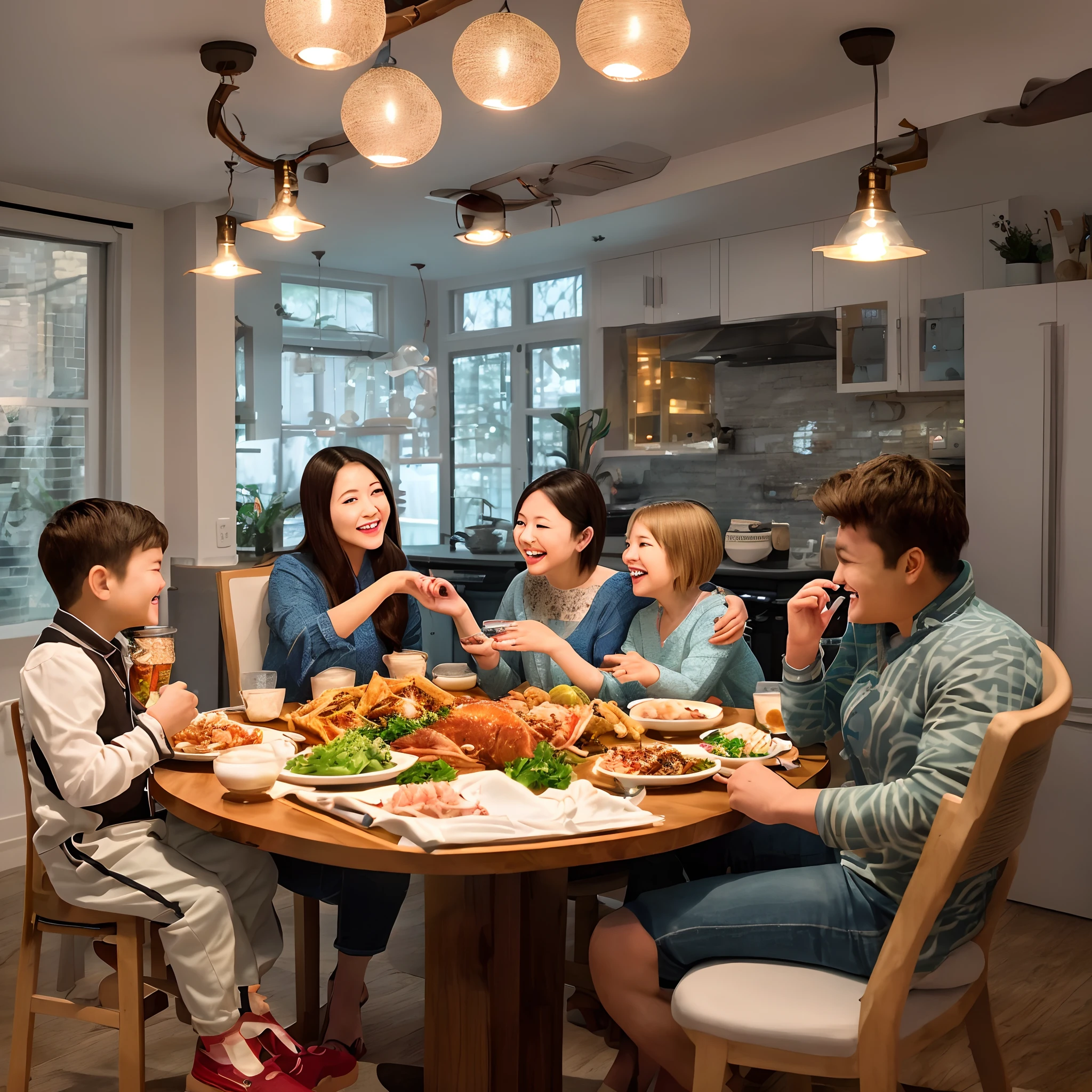 new year,Photo of a family sitting around a dining table smiling,The table is filled with a variety of seafood,Everyone's eyes were filled with joy,Doors and windows are pasted with a background of red window stickers,Cinematic lighting effects
