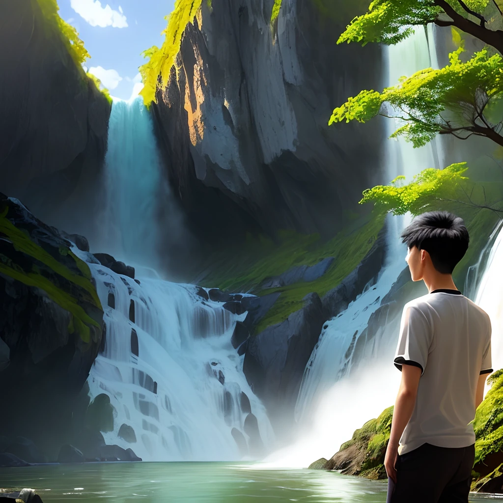 A young Vietnamese man is afraid to hide behind a tree next to a waterfall and watch a deep fish turn into a dragon