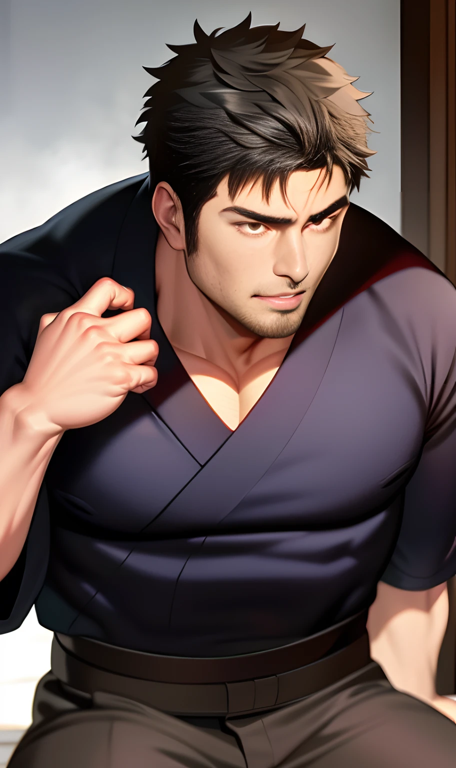 Uncle Banner muscles in the Avengers,Be physically fit,Japanese men wear black kimonos,The mouth of the coat was torn open,exposing her chest,There is chest hair,Sit in the steam room,Sweaty face,The expression is shy,