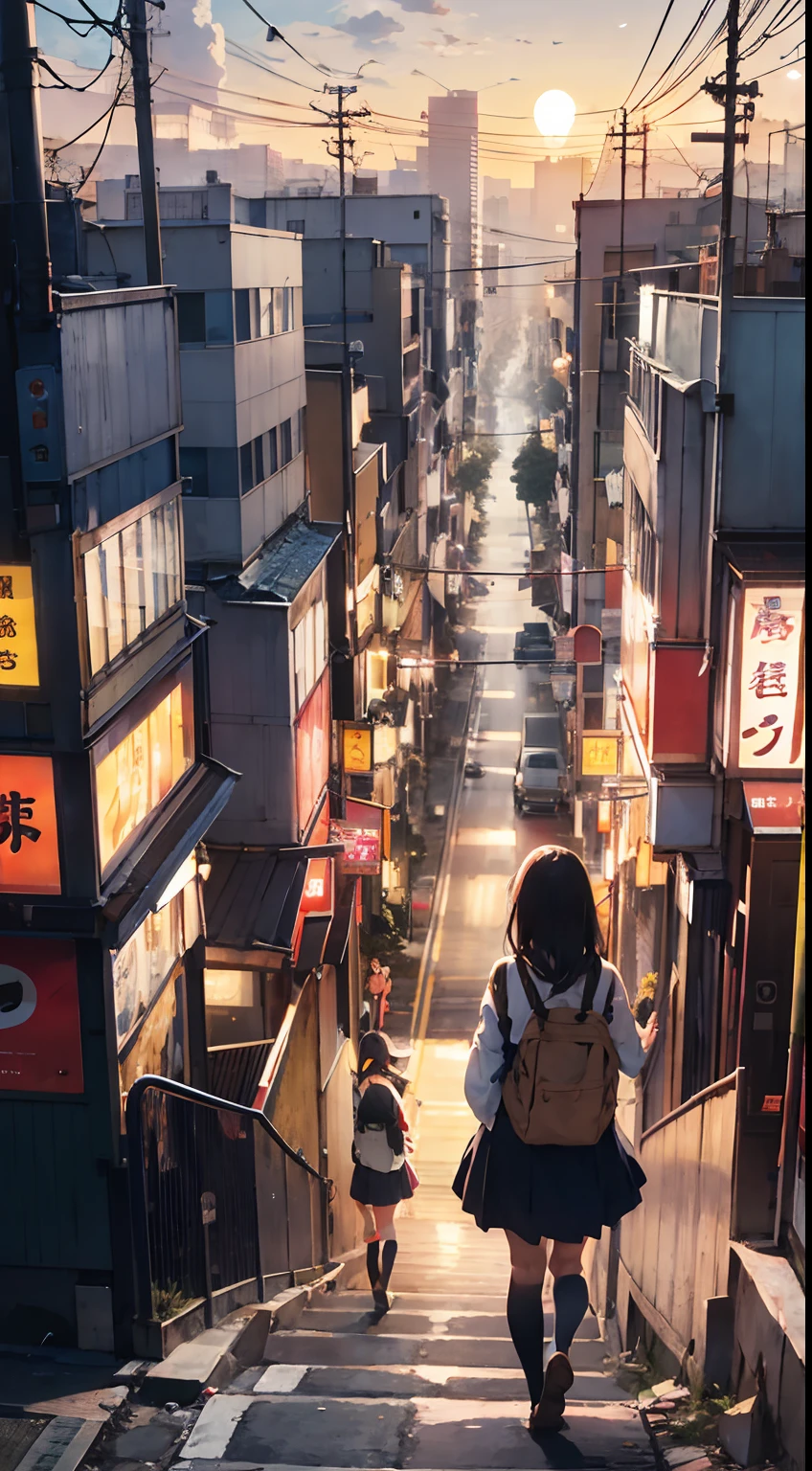 Bird's-eye view in the distance、Morning glowing light、Contre-Jour、fish-eye lens、the met、A city with many beautiful signs、TOKYOcty、All hearts、Japan girl walking down the street、Space sky、Illustration Scene、Depicted in detail、Artistic illustration background art、Delicate landscapes、Wallpaper 4k、Detail enhancements、Perfect detail processing。