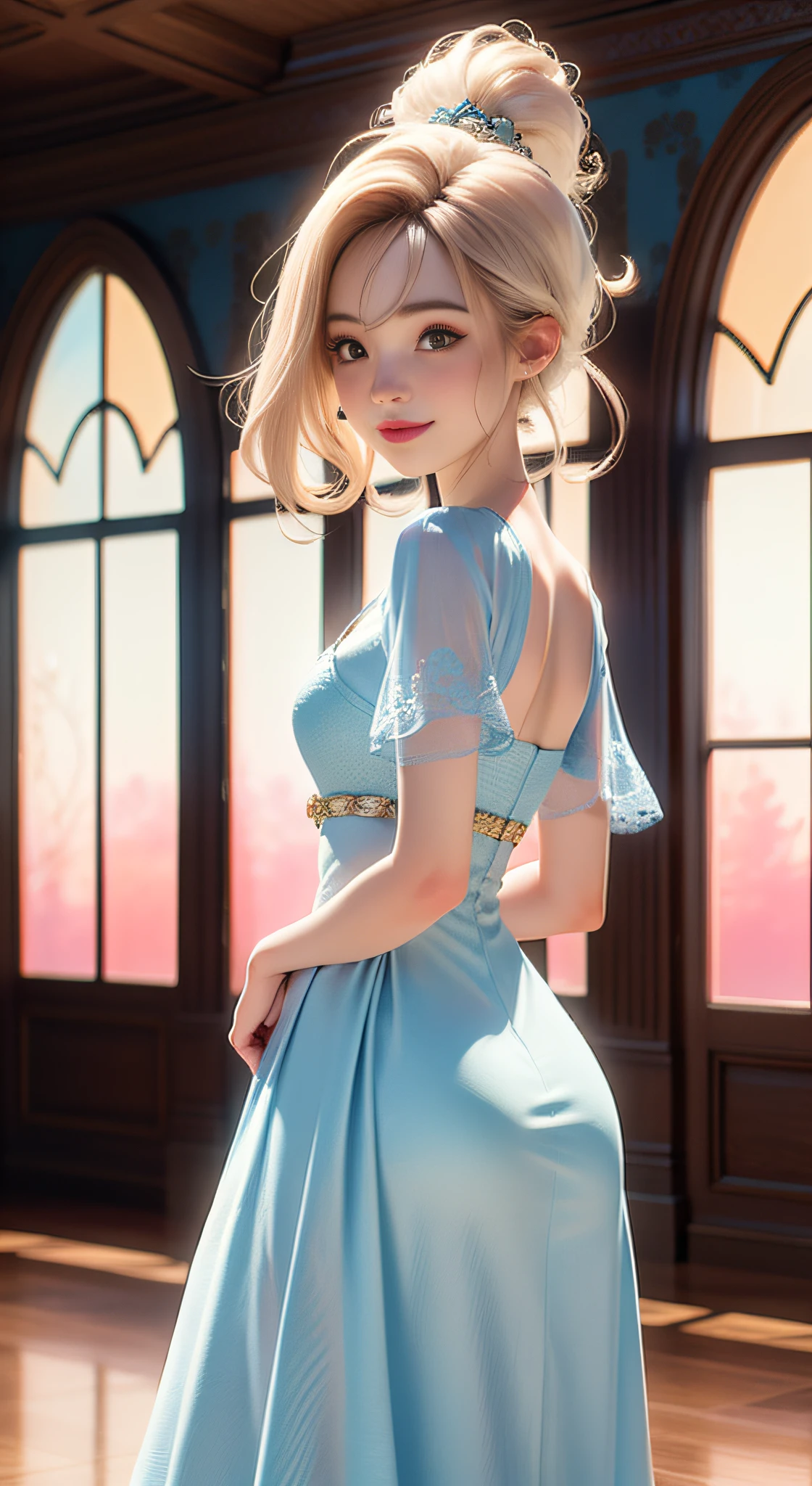 dynamic lighting, 3D model art, A Barbie princess wearing a lovely pink dress, bright,Natural Lighting,morning light,The background is a grand castle amidst a magical sunrise, borrowing elements from the scenic grandeur of National Geographic landscapes, beautiful scene is brought to life, by the talented Alec Soth, retina, anatomically correct, textured skin, award winning