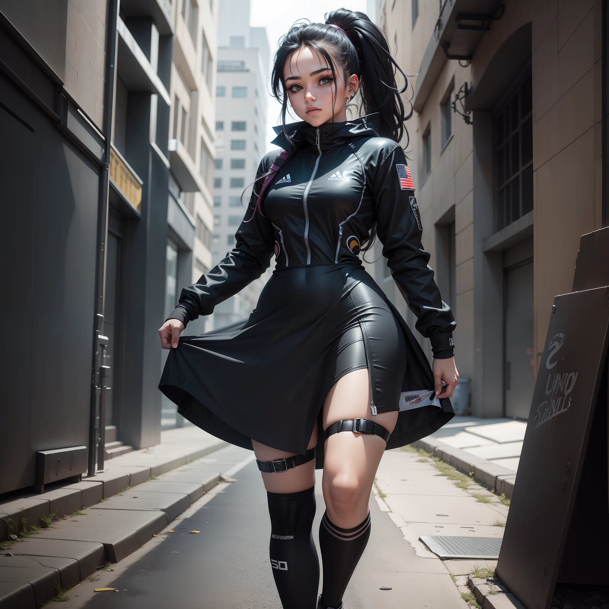 16-year-old girl，Athletes，Mechanical limb，goth style，Dress up smartly，Urban science fiction
