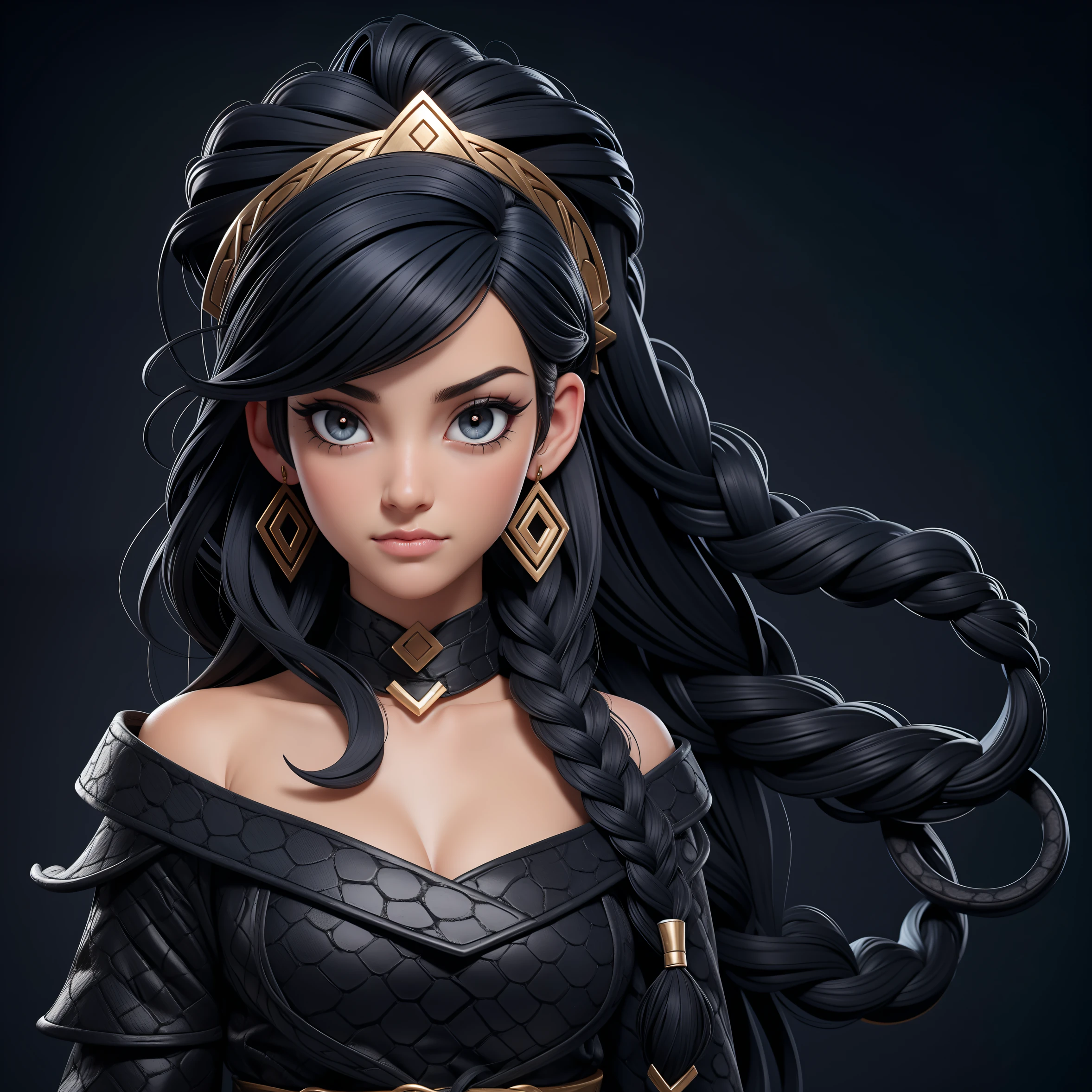 black hair, dark blue hair, curly hair, hair over shoulder, messy hair, twin braids, snake hair ornament, snake pupils, heart earrings, pain, Surrealism, three sided view, f/1.2, 8k, super detail, UHD, masterpiece, textured skin, super detail, high quality, high details, award winning, best quality, highres, 16k, 8k