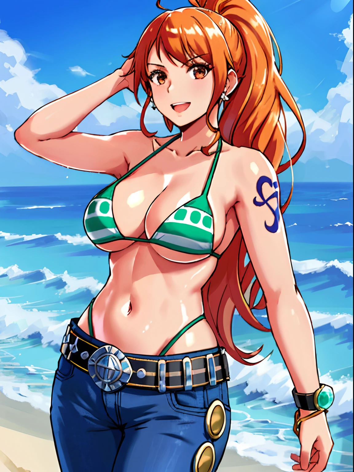 WALLPAPER, detailed background, (((armpits: 1.1, (having tan, sunbathing, lying on beach), very wide wavy ponytail, thick ponytail, very wide voluminous ponytail: 1.7, very wide high ponytail, long wide ponytail, defined high thick missy bangs with upward locks, (short right bang, very long left bang))), masterpiece, 4k, epic, best quality, late youth, adult, 1girl, active, energic, (large mouth) , solo, nami \(one piece\), 1girl, bangle, (open mouth, serious, open eyes, perfect detailed face, round face) bold drawing lines, detailed bold arm lines, flat jaw, adult woman, wavy wide streaked bangs, floating bang, (big cheeks), bare shoulders, belt, bikini, bikini top only, bracelet, springy breasts, breast lines, big round eyes, very big brown shiny eyes, high eye position, cleavage, denim, earrings, floating hair, shiny hair, green belt, green bikini, bold groin lines, jeans, jewelry, large breasts, log pose, very wide long hair, looking at viewer, big navel, wet hair, orange hair, pants, shoulder tattoo, sidelocks, solo, standing, stomach, swimsuit, tattoo, looking at viewer, open mouth, detailed left arm, big forehead, hourglass figure, small head, toned body, wide hair, wind effect, narrow small ears angle, older