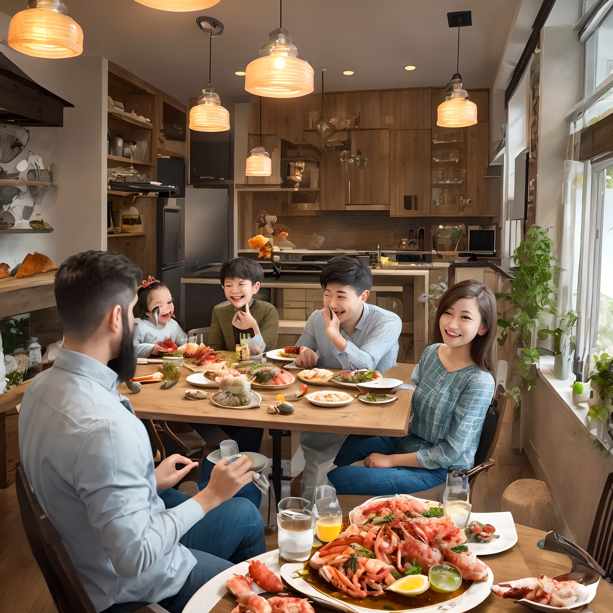 new year,Photo of a family sitting around a dining table smiling,The table is filled with a variety of seafood,Everyone's eyes were filled with joy,Doors and windows are pasted with a background of red window stickers,Cinematic lighting effects