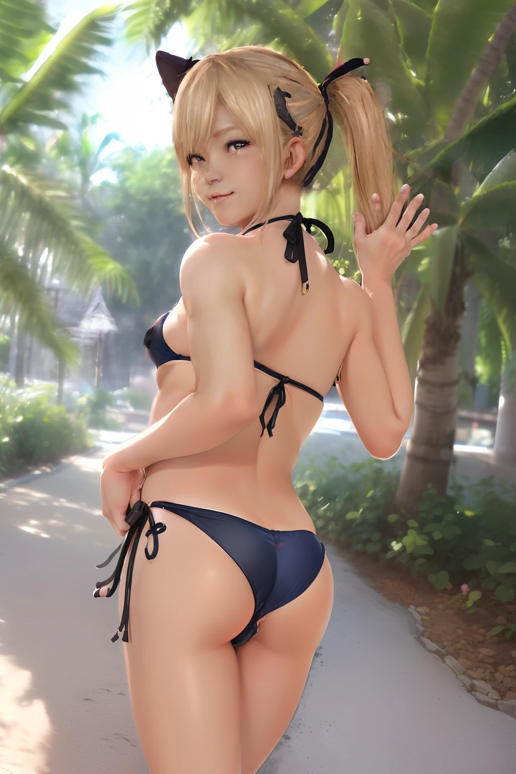 Top image quality、8K picture quality、hightquality、Detailed picture、NSFW、1girll、独奏、Full Body Marie Rose、A smile、Embarrassing、red blush、small plump breasts、(protrusion at the tip of the chest)、(Slender body))、((Nekomi Mikachusha))、(Shiny metallic)、((Micro bikini with small dark blue fabric area))、(Stick hard into the crotch)、((Standing))、(((Open your feet shoulder-width apart:1.4)))、((Twist your upper body:1.3))、(((Black High Socks:1.4))、((Brown loafers:1.4))、gazing at viewer、((Turning your back to the viewer:1.5))、((Turn your ass to the viewer))、white thighhig、Stone corridor、Professional Lighting、((Shot from the buttocks:1.4))、(((Grab your own buttocks with your hands:1.5)))、(((thong bikini:1.5)))、