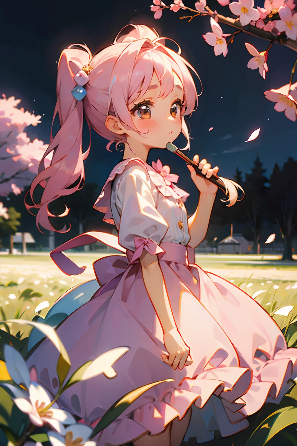 The embodiment of adorable in anime form, a young girl with big round eyes that sparkle like stars, rosy cheeks, and a button nose, her hair tied up in playful pigtails adorned with ribbons, wearing a frilly pastel dress with a pattern of cute animals, surrounded by a field of blooming cherry blossoms and small fluttering butterflies, Illustration, soft pastel colors and gentle brushstrokes