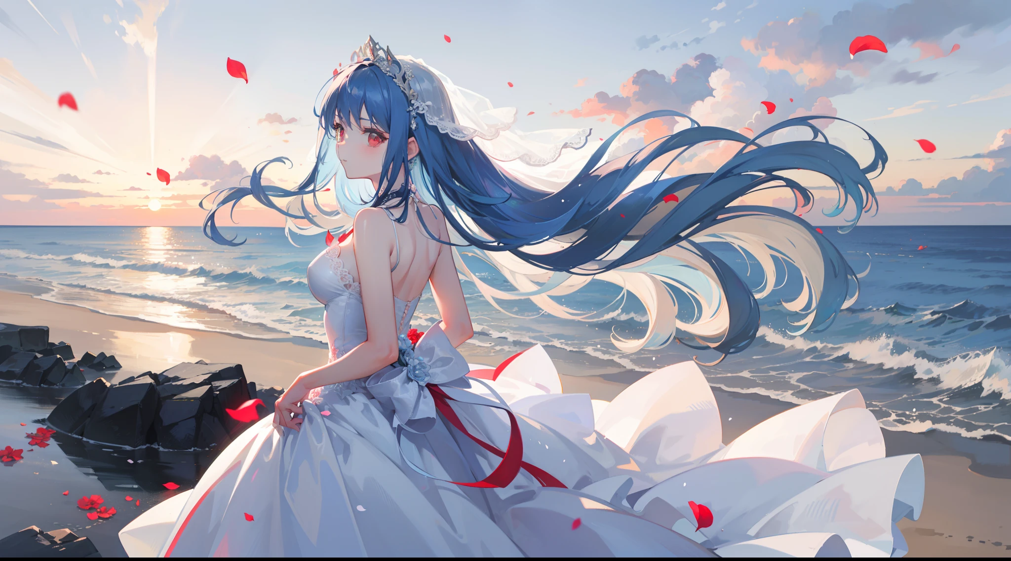 artistic photograph, Real light and shadow on a Sunset setting day,Distant European style architecture,On the beach,((Wedding Dress)),1 beautiful girl，shy,The upper part of the body,Lateral face，(((Long light blue hair))),Red eyes,(long hair),（Red petal），windy