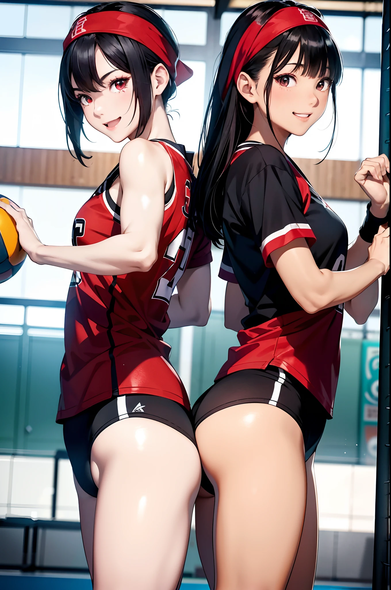 (top-quality、in 8K、32K、masterpiece、nffsw、超A high resolution、Impresionismo、Photorealsitic:1.2)、Full body, from behind, Inside the gymnasium、Volleyball Court、beauitful face、blurry backround、16-year-old beautiful girl、shinny skin、bob cuts、Beautiful black hair、Red Eyes、(Hachimaki:1.2)、Volleyball Uniforms、Curve、dynamicposes、Smile with open mouth、Two girls、