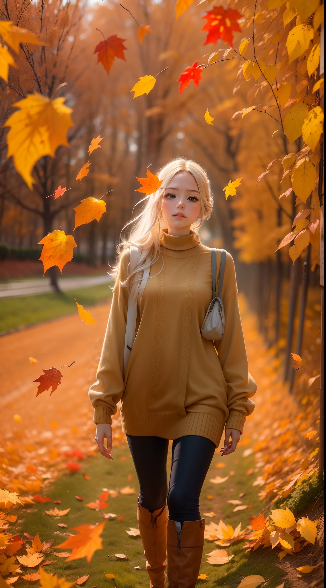 Picture quality:Highly detailed masterpiece 8K high resolution content:On the fields in autumn,The autumn breeze blows,Autumn leaves float in the air,There are shimmering particles fluttering,Warm light background:1girll,Surrealist portraits of women by David Hockney and Alphonse Mucha,hair glowing,vivaciousness,whaite hair,long whitr hair,in blouse wearing,Lazy action atmosphere:warm and comfortable,With a little cool autumn light:warm color:High saturation,Bright composition。:Rule of thirds composition style reference:photographrealistic