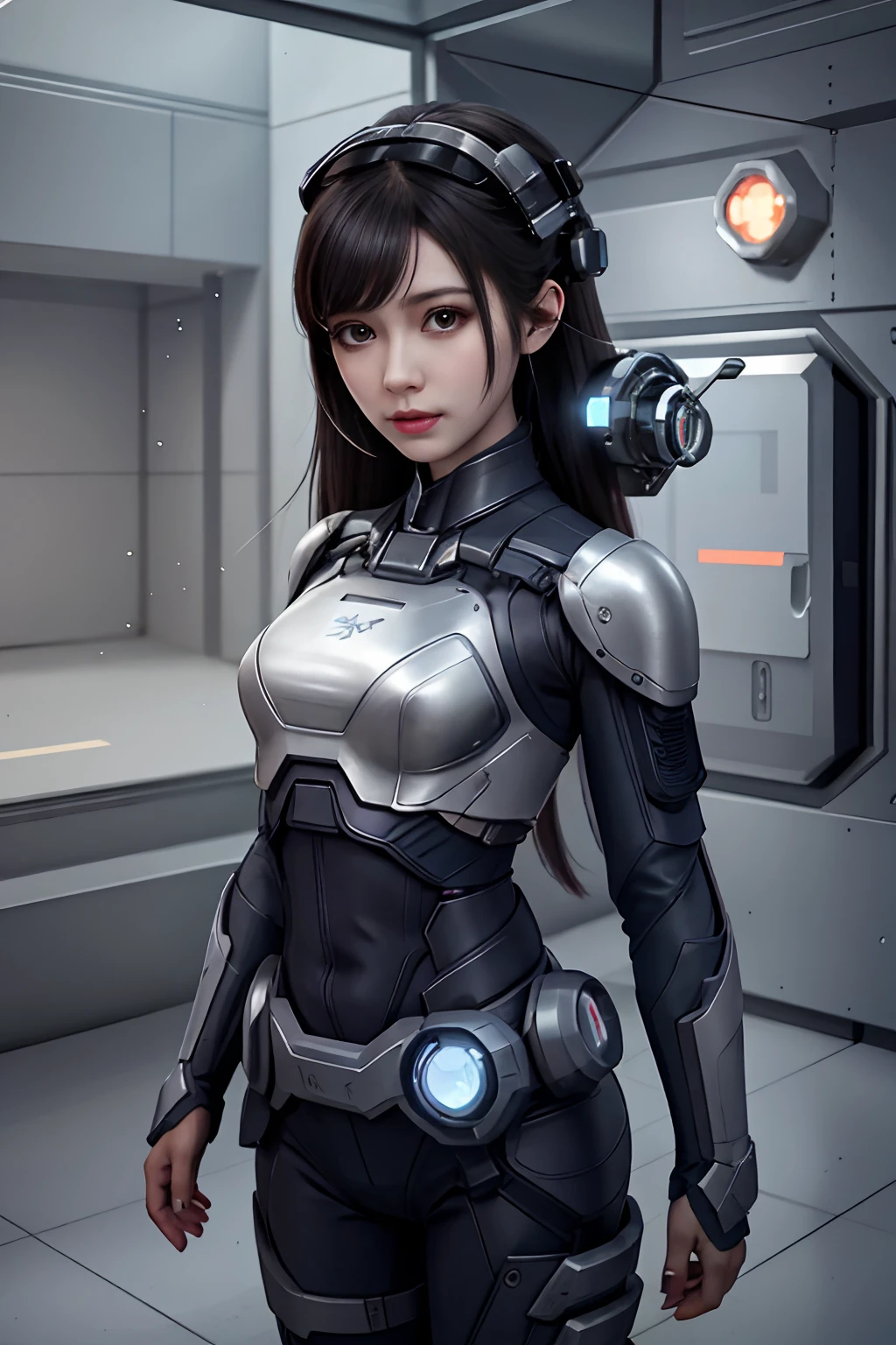 dystopian， [sci-fy]， High-detail RAW color photos， full-shot， 's （cute female arterial intelligence， cybernetically enhanced）， inside in room， walk，pondering， （In a cryogenic chamber， In a state-of-the-art cyberpunk research facility）， Toned physique， （Small lively breasts， normal， big assa， （paleskin）， （cybernetic implants：1.2）， （enhancer）， （cyborg people：1.1）， （Detailed skins， Diffuse of skin pores）， silica gel， metals， （highly  detailed， finedetail， 复杂）， （lens flare glow：0.4）， （Flood：0.4），diffused soft lighting，Ray traching，shallowdepthoffield，（Oliver Waite），taken on a Canon EOS 5D，90mm micro lens，f / 8，Clear focal length，smoothness，Motion picture film，A scene from the《Blade Runner 2049》，[cyber punk perssonage：Dieselpunk：0.25]