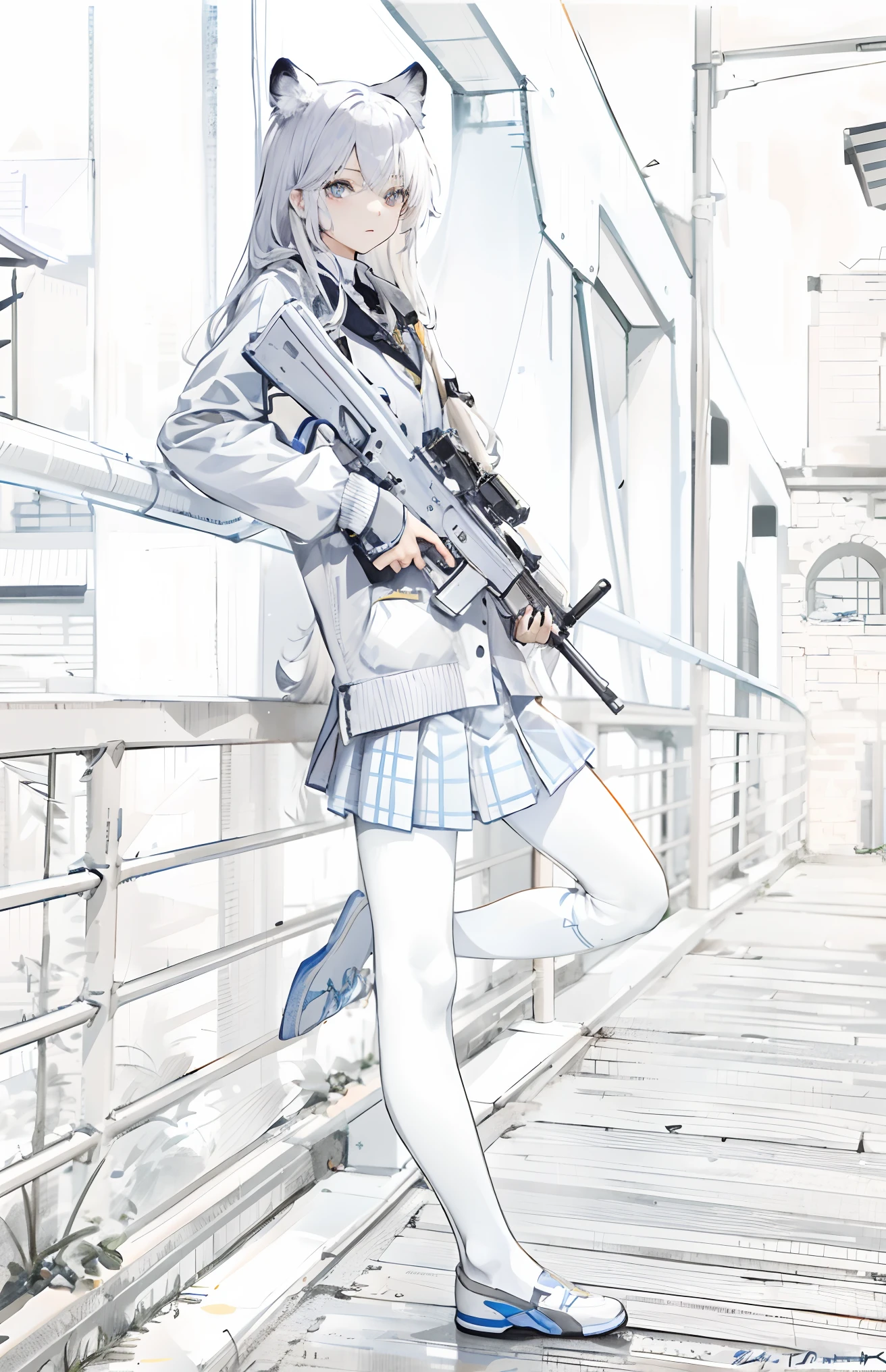 ((Masterpiece)), ((Best quality)), ((A high resolution)), ((Extremely detailed Cg Unity 8K wallpaper)),(Rich colors:1.5)，tachibana kanade，style of anime，Japanese anime style，Wallpapers，A picture，one-girl，Teenage girl with gun，Wearing a black miniskirt，The skirt was blown up by the wind，Spread your legs，Cover the skirt with your left hand，Expose some women ，Wearing black long-tube ultra-thin stockings，Wear slim black leggings，gun in right hand，Silvery-white and pale pink hair，Smooth hair，Hair blown up by the wind，Messy hair，Dull hair，Curly dull hair，Silvery-white cat ears，Showing small tiger teeth，Blue pupils，sideways standing，Face the camera，head looking up，f/1.8，hyper HD，Correct end-of-line construction