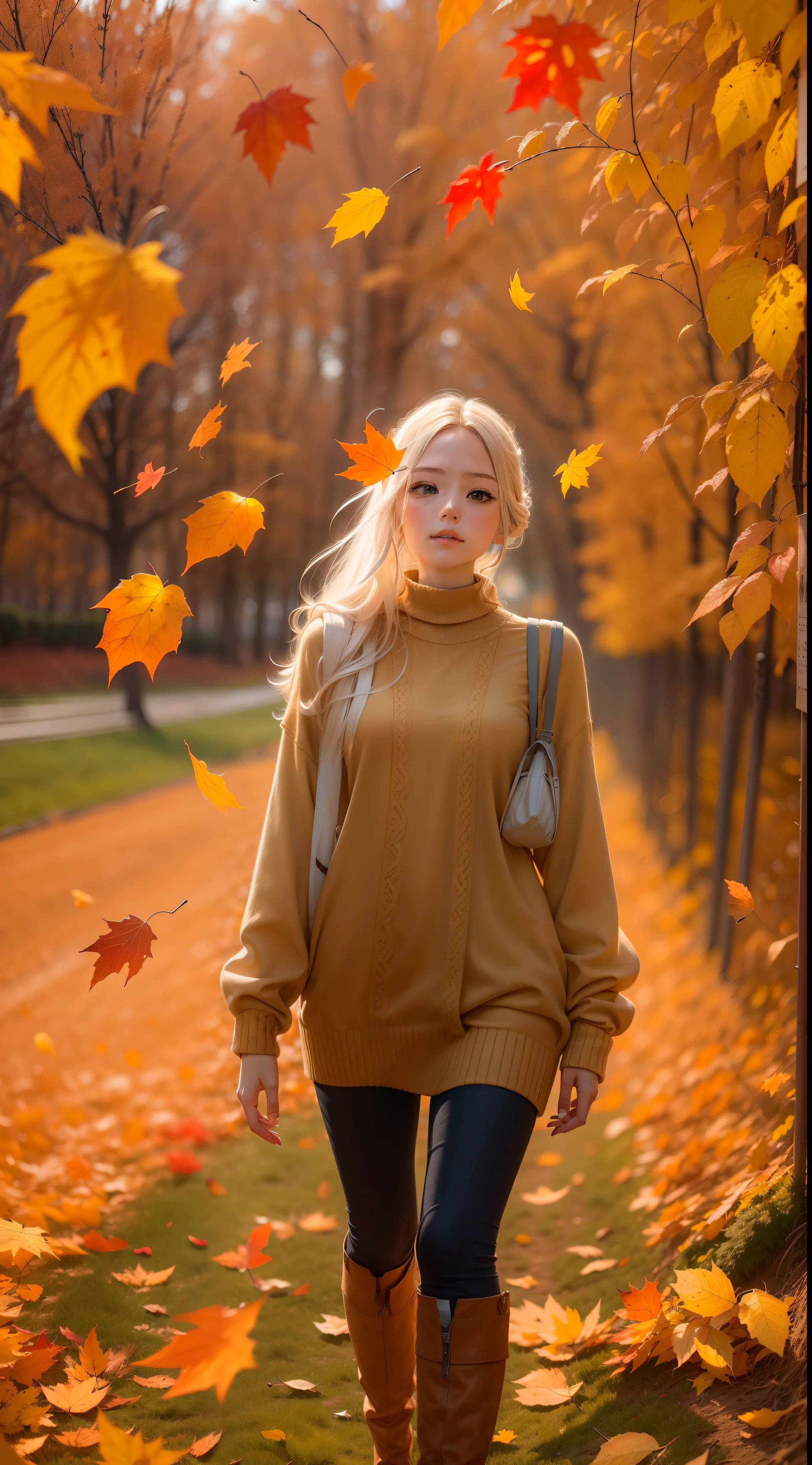 Picture quality:Highly detailed masterpiece 8K high resolution content:On the fields in autumn,The autumn breeze blows,Autumn leaves float in the air,There are shimmering particles fluttering,Warm light background:1girll,Surrealist portraits of women by David Hockney and Alphonse Mucha,hair glowing,vivaciousness,whaite hair,long whitr hair,in blouse wearing,Lazy action atmosphere:warm and comfortable,With a little cool autumn light:warm color:High saturation,Bright composition。:Rule of thirds composition style reference:photographrealistic