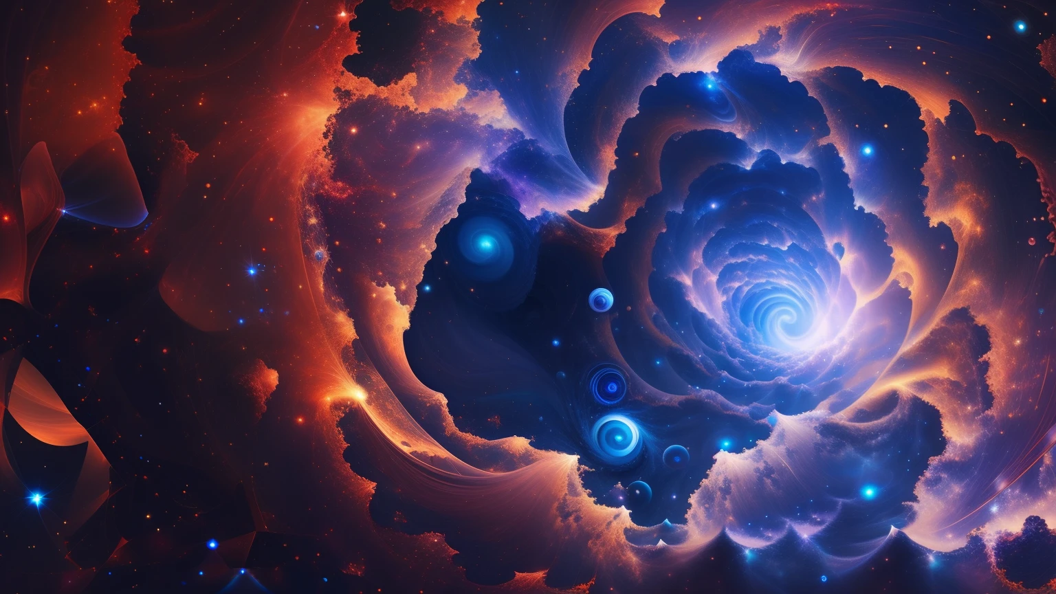 Arafard image of a blue and orange spiral with bright light, Starcloud. voluminetric lighting, mythical gigantic space cavern, subterranean galaxy, Abstract black holes in space, portal to outer space, subterranean sprawling galaxy, cosmic void background, outer space nebula background, space fractal gradient, Inside a black hole,k hd,A detailed,Pubic area is clear,outerspace,kosmos,Metaverse,sci-fy,
