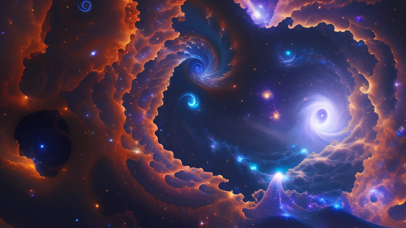 Arafard image of a blue and orange spiral with bright light, Starcloud. voluminetric lighting, mythical gigantic space cavern, subterranean galaxy, Abstract black holes in space, portal to outer space, subterranean sprawling galaxy, cosmic void background, outer space nebula background, space fractal gradient, Inside a black hole,k hd,A detailed,Pubic area is clear,outerspace,kosmos,Metaverse,sci-fy,