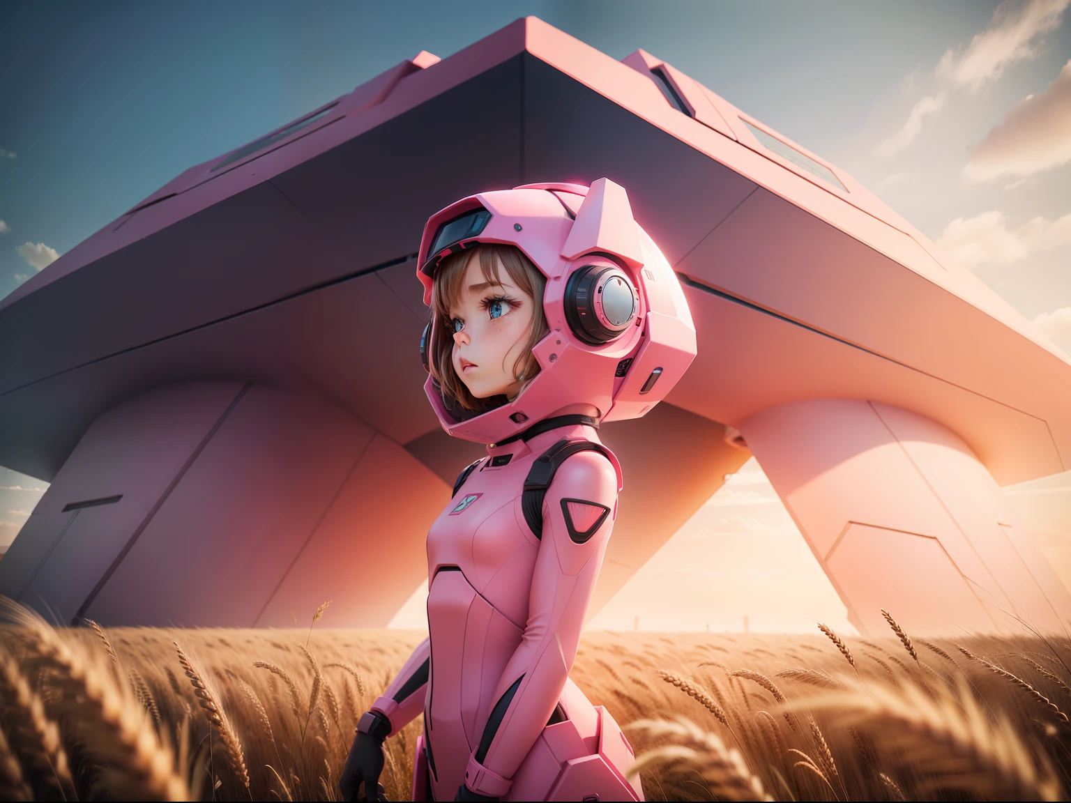 A pink sci-fi surrealist polygon set above a wheat field