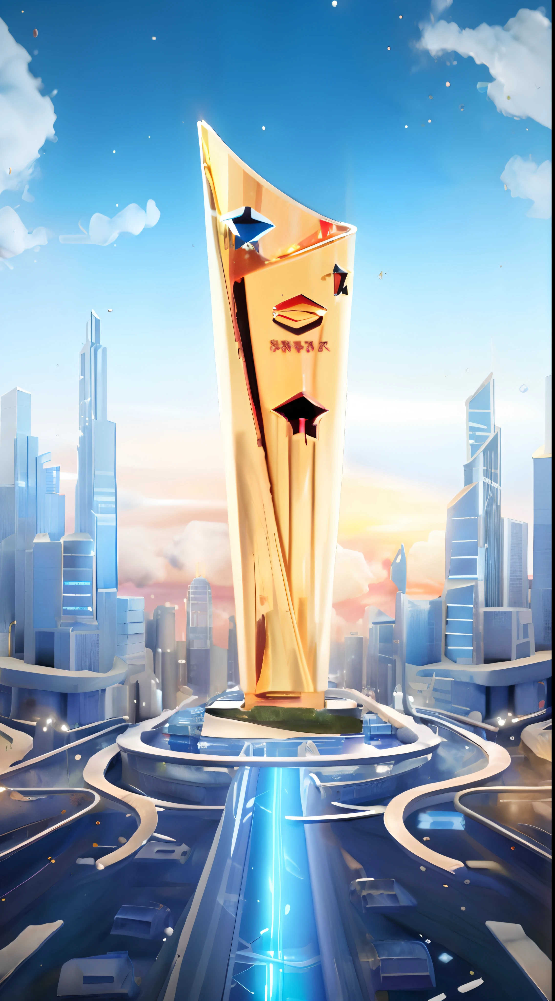 (Hyper-realistic) , (illustratio), (Increase the resolution), (8K), (extremely detaile), trophy，Magnificent trophies in the middle of the urban agglomeration，3D stage design futuristic architecture，with blue sky and white clouds，Future technology city cluster，The main color is blue，Color close-up industrial futuristic style，Overlooking the view，Blue futuristic city in background，Space art style，Avant-garde - garde futuristic、Surreal city、The scene is open，with depth，Light blue light gold，filmposter，high-angle，Ultra high-definition images，Remarkable，hyper-detailing, a 3D render，Hyper-realistic