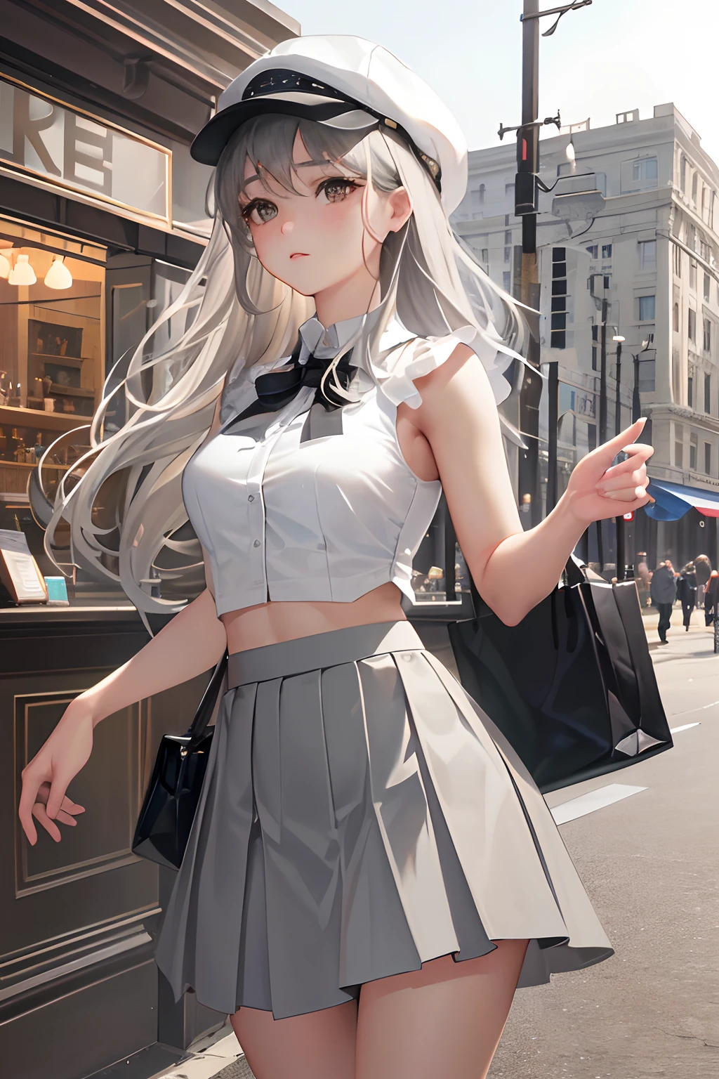 masterpiece, high quality, best quality, beautiful, hd, perfect lighting, detailed face, detailed body, 1 girl, solo, (long gray hair), brown eyes, medium breasts, ((white underwear)), ((short gray skirt)), (gray hat), in front of a cafe,