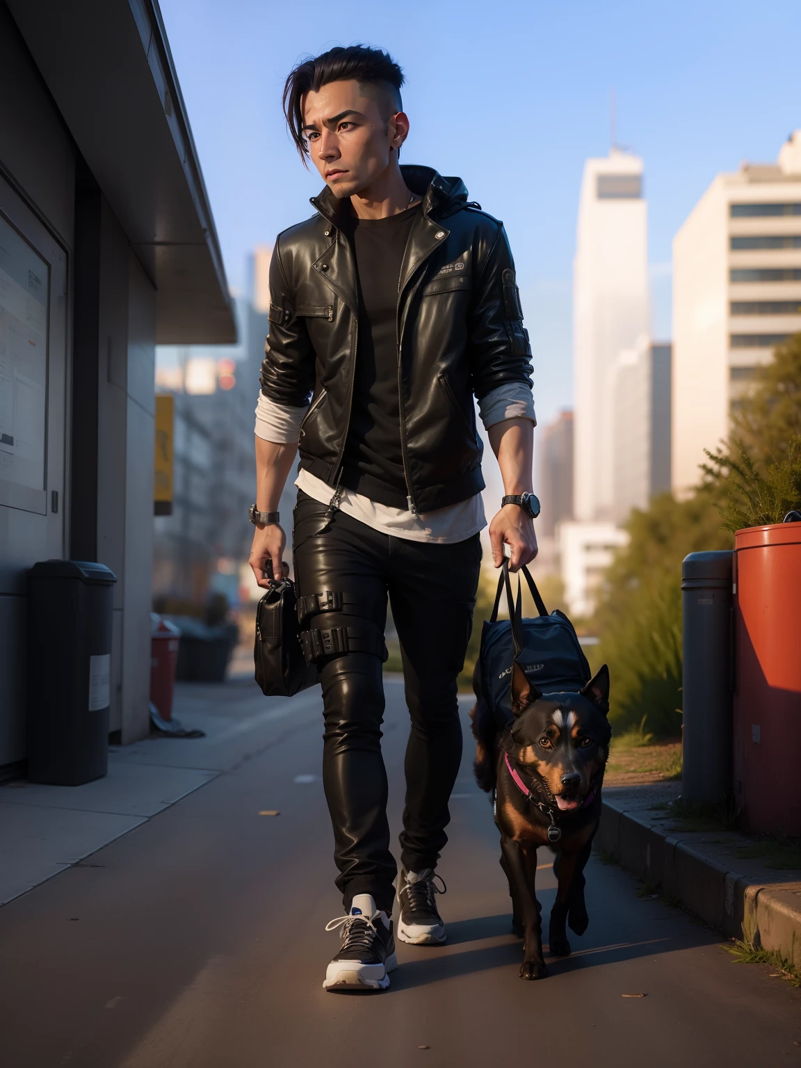 Cyberpunk baground,remove baground, near dog,city ,8k realistic photo ,boy