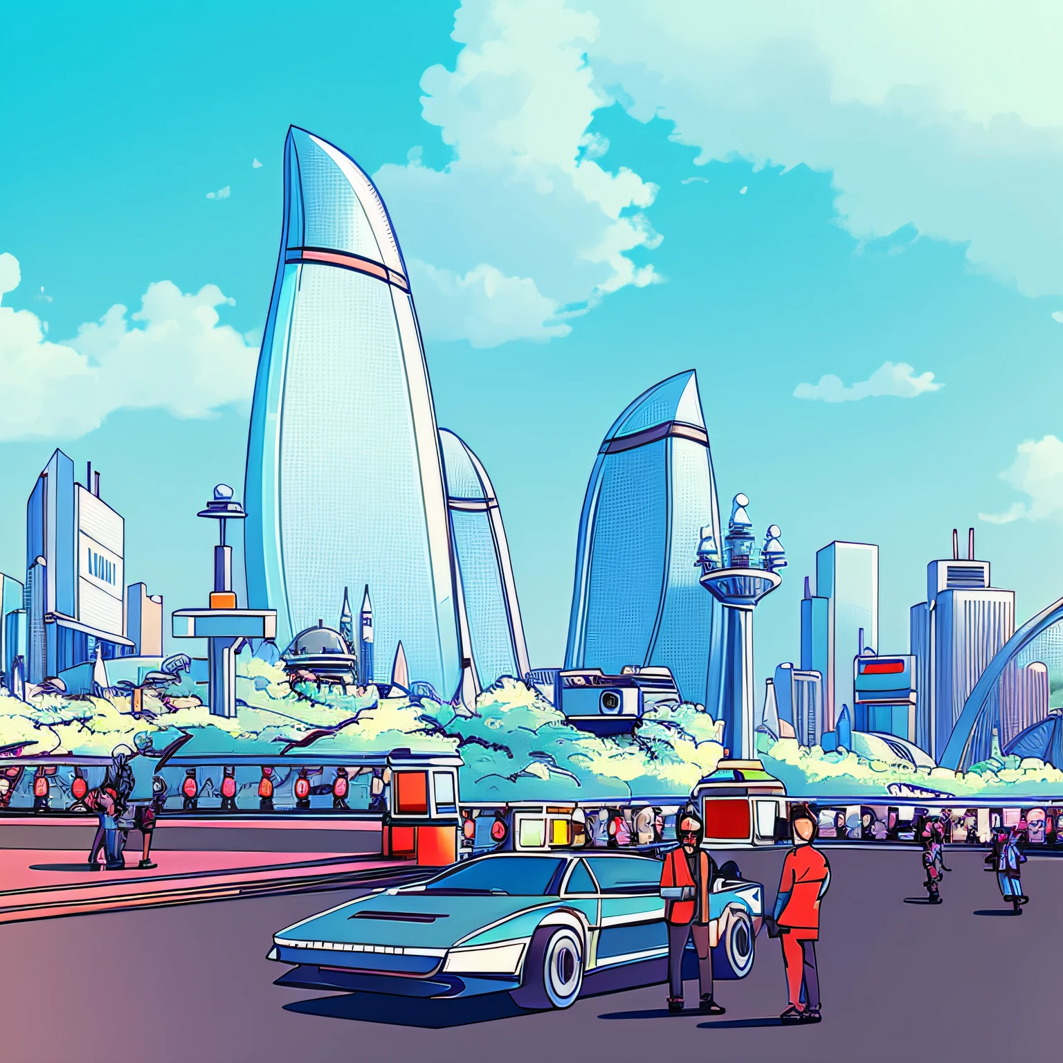 A sketch of a city with cars and people moving around, sketch illustratio, anime city lineart, Highly detailed illustration.”, detailed city background, line art illustration, Busy city on background, background urban cityscape, illustration line art style, city street view background, miami. illustration, futuristic urban background, cybernetic city background, futuristic city in background, Car