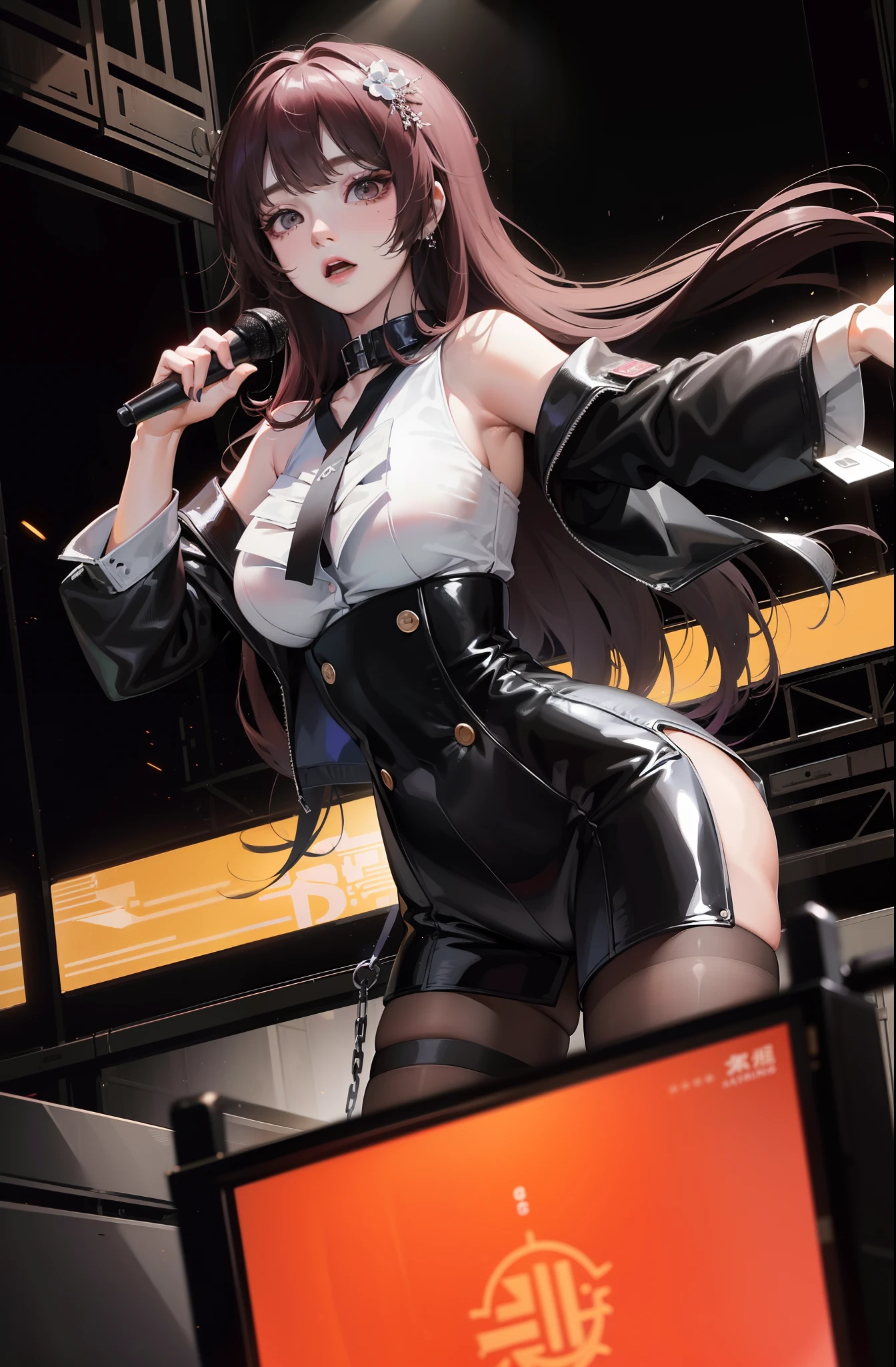 tmasterpiece,Need,super-fine,Semi-realistic,Arapi woman, Dressed in black, Sing through the microphone on stage, sun yunjoo, Performing on stage, jia, candid shot, Big breasts Thin waist, Cocked buttocks,voluptuous figure,On stage, jisoo from blackpink, her back is to us, waist - shot, Choi Hyun-hwa, jisoo of blackpink, seseon yoon, park jimin, kda, shin min jeong,vague background