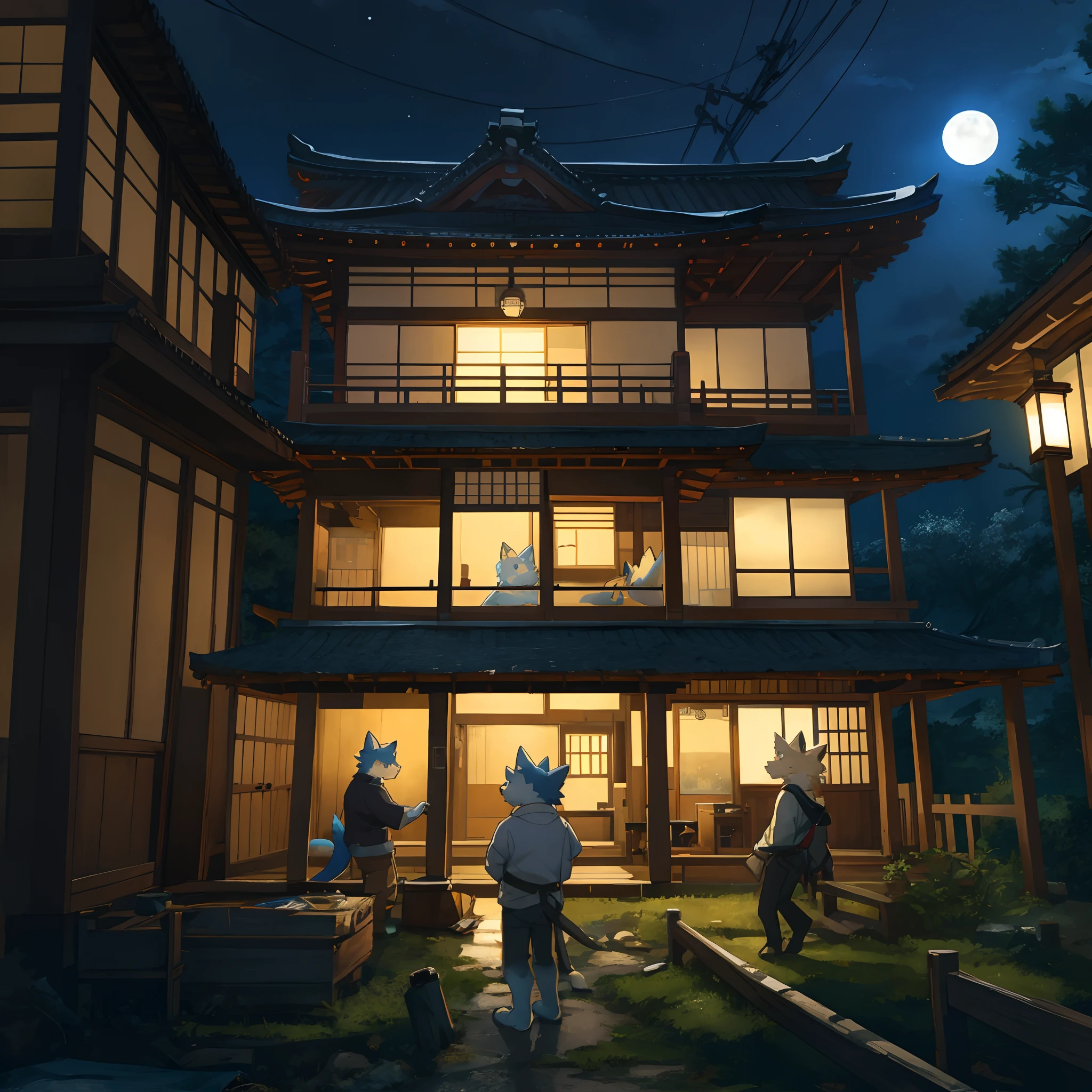 top quality, best quality, High-quality illustrations, masterpiece, super high resolution, highres, absurdres(highly detailed beautiful face and eyes)perfect anatomy, detailed background, User Interface of game, side view game, night, japanese house, deteriorated furniture, windows, moonlight, 6+boys, 6+girls, expression, good lighting, cinematic shadow(kemono, furry anthro)assorted poses,
