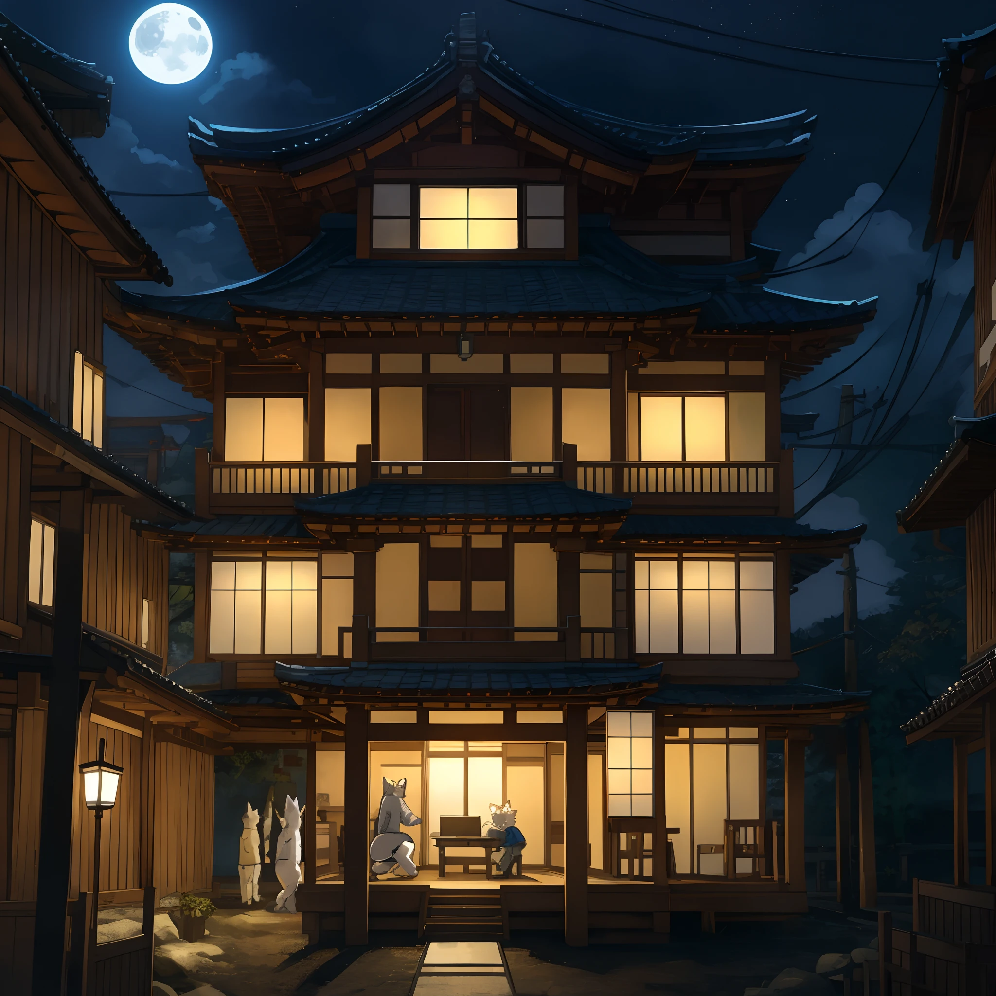 top quality, best quality, High-quality illustrations, masterpiece, super high resolution, highres, absurdres(highly detailed beautiful face and eyes)perfect anatomy, detailed background, User Interface of game, side view game, night, japanese house, deteriorated furniture, windows, moonlight, 6+boys, 6+girls, expression, good lighting, cinematic shadow(kemono, furry anthro)assorted poses,