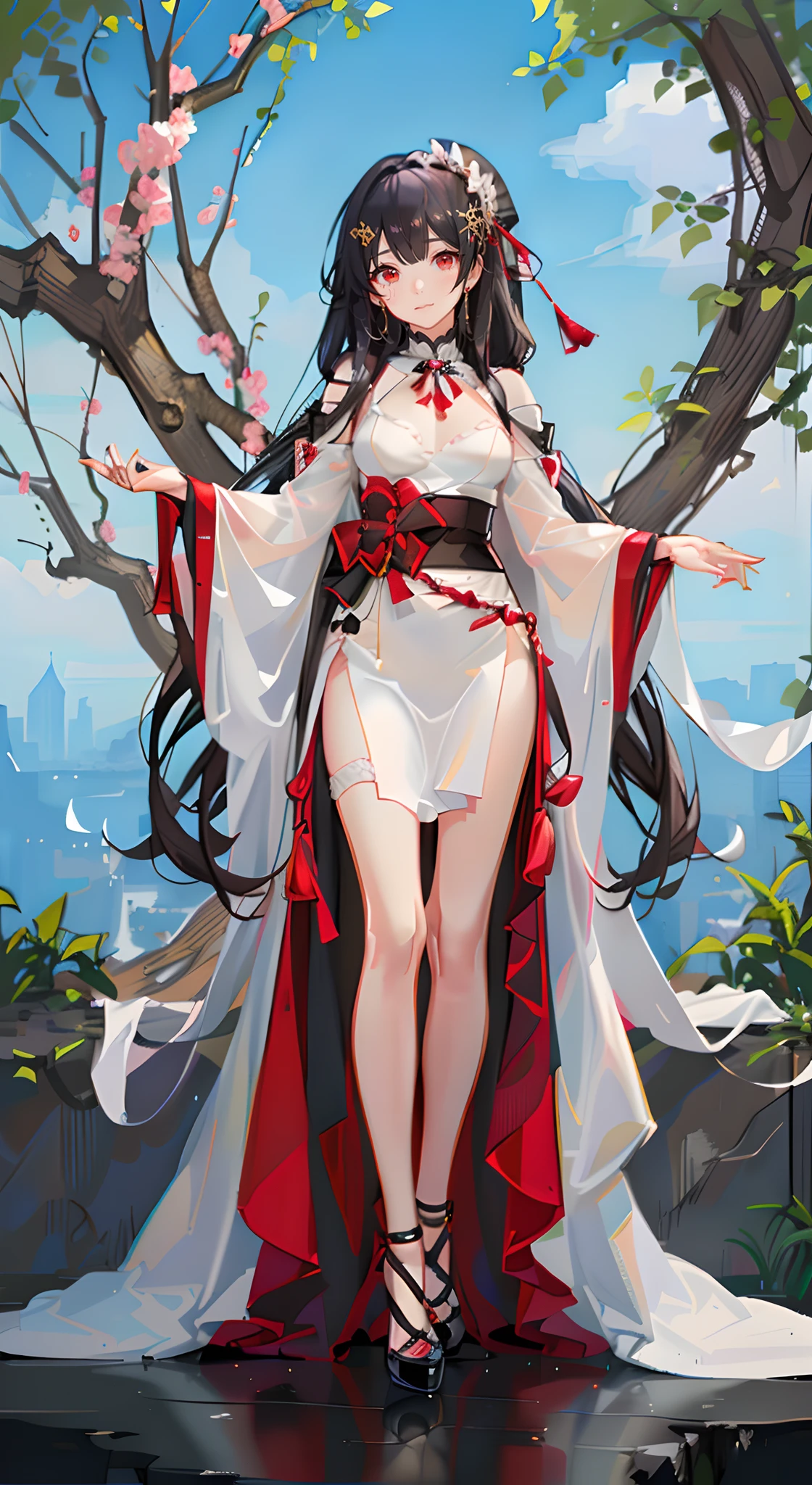 Girl,full bodyesbian,(Detailed face:1.2), Pure background,Masterpiece, Fashion,toyko,Harajuku,, Long hair, Black hair, dishiveredhair, Qi bangs, red color eyes,