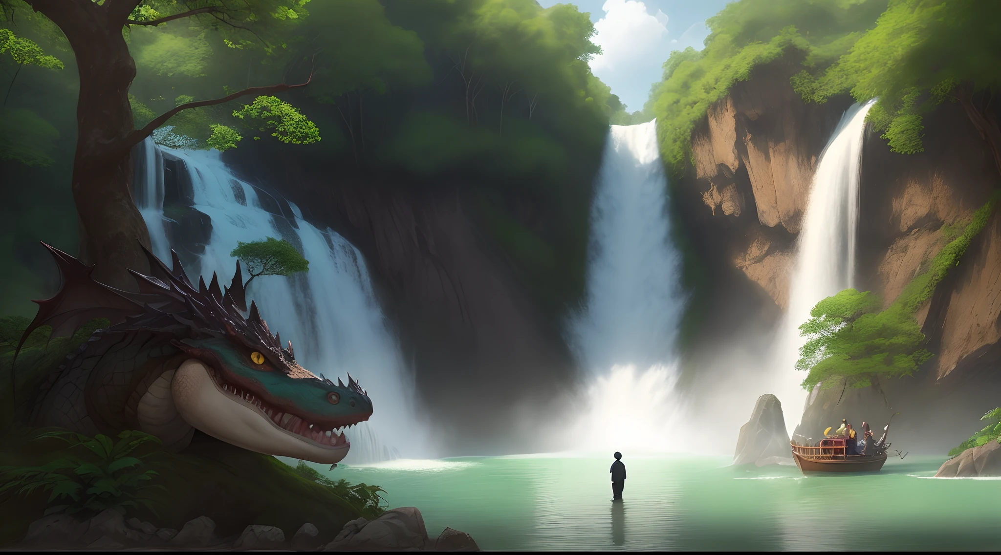 Vietnamese youth hiding behind a tree watching a crocodile turn into a dragon next to a waterfall