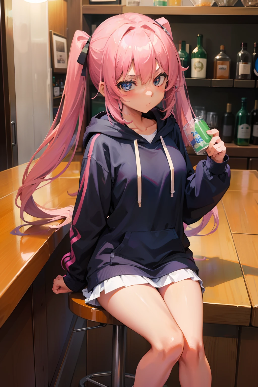 a bar counter,girl wearing hoodie,Twin-tailed、Tsundere