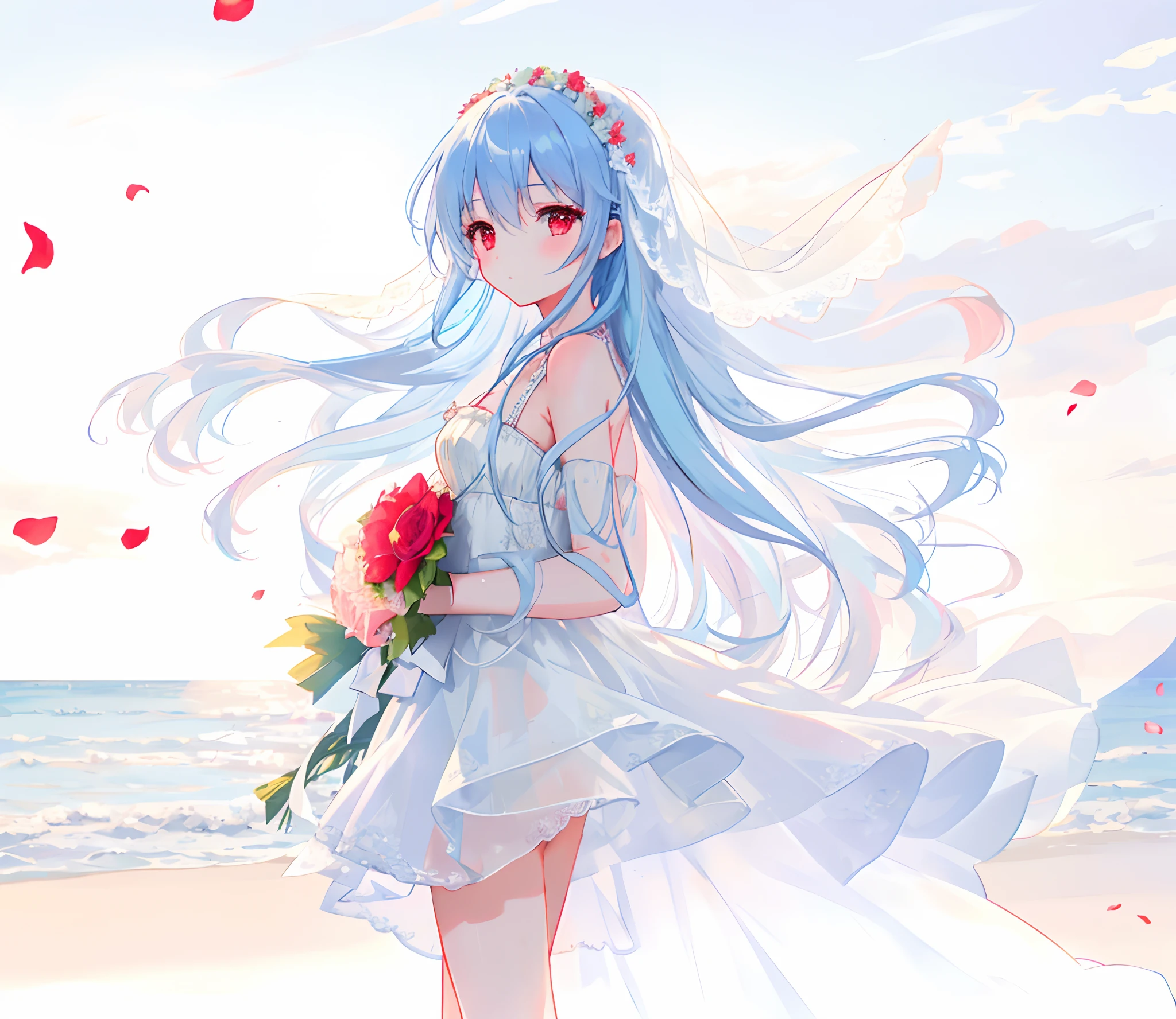 artistic photograph, Real light and shadow on a Sunset setting day,Distant European style architecture,On the beach,((Wedding Dress)),1 beautiful girl,shy,The upper part of the body,Lateral face,(((Long light blue hair))),Red eyes,(long hair),(Red petal),windy