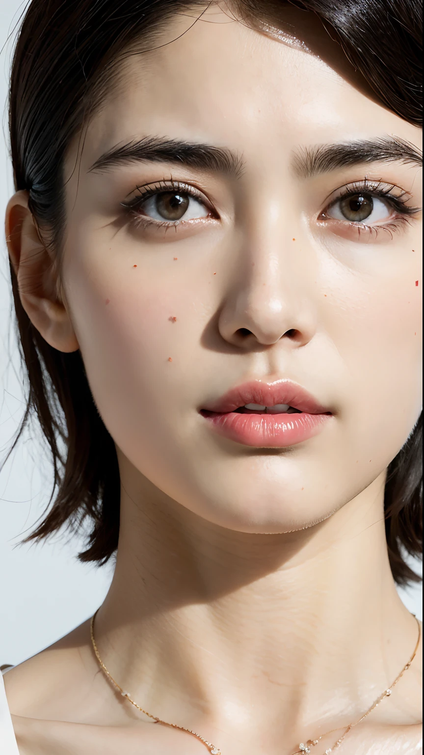 (Best Picture Quality, 8k, tmasterpiece:1.2), Beautiful Japanese woman, short detailed hair, Fashion tops, Close-up of prominent faces, Pair with a necklace, minimalistic background, top down perspective, head straight-looking at viewer
