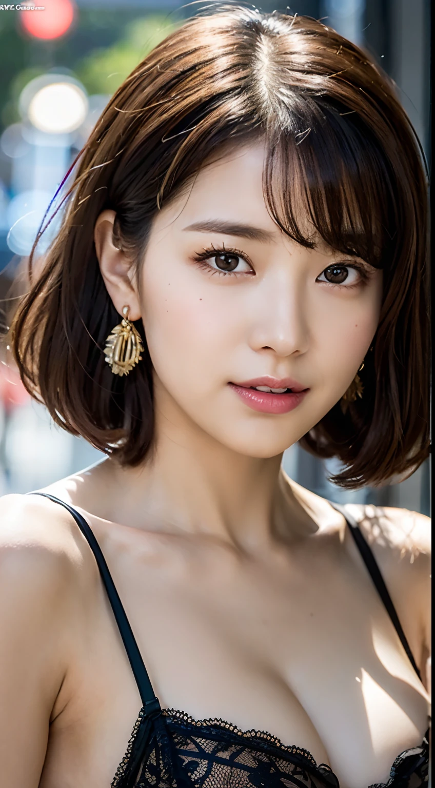 (8k, RAW Photo, Best Quality, Masterpiece:1.2), Ultra Detail, Super Resolution, (Realistic, Realistic Photo:1.37), Portrait, High Detail RAW Color Photo, Professional Photo, Extremely Detailed and Beautiful, Extremely detailed, 8k wallpaper, amazing and detailed, huge file size, official art, highly detailed CG unity 8k wallpaper, highly detailed beautiful girl, highly detailed face, highly detailed eyes, highly detailed skin, highly detailed fingers, highly detailed nose, very detailed detailed mouth , perfect anatomy, highly detailed background, highly detailed clothes, 1girl, (20:1.2), 20s, cute girl, realistic body, petite, fair skin, glowing skin , slim body, handsome body, black hair , short hair, (blunt bangs:1.2), smile, cute, youthful, cute face, realistic face, delicate eyes, drooping eyes, lingerie, see-through, earrings, looking at viewer, facing front, standing posture, Contraposto, dynamic lighting, very large breasts,
