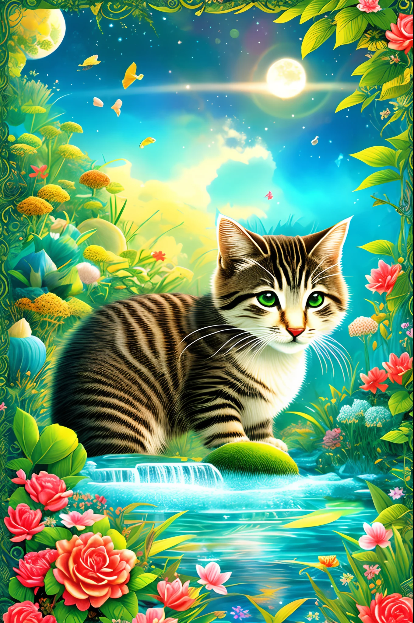 Nesta arte CG ultra-detalhada, gatinho bonito, riso, best quality, high resolution, detalhes intrincados, fantasia, animais bonitos, bocas abertas, rir, Cor vibrante
