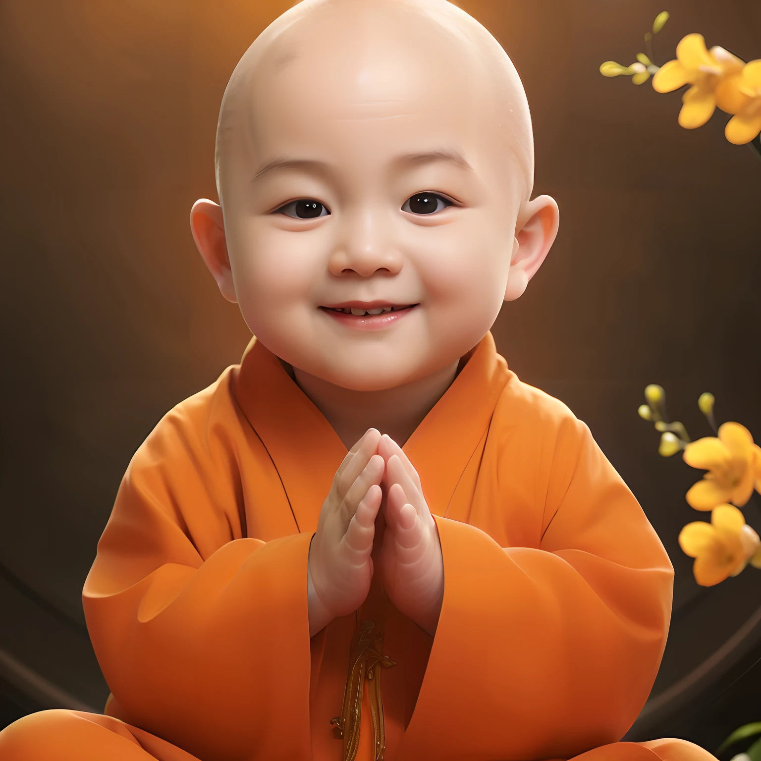  Arad in orange robes sits in front of a flower, Buddhist, lovely digital painting, buddhist monk, portrait shooting, monk clothes, a serene smile, Children, portrait of monk, Innocence, monk, Happy kids, Cute boy, Buddhism, litt wearing nun outfit, Serene expression, blessing hand, close up portrait shot, monk meditation, Yan, kiddy big breasts, Zen