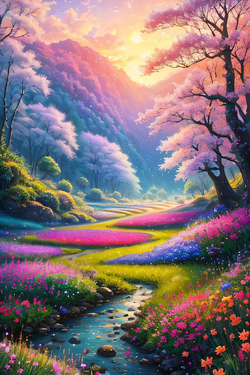 tmasterpiece,Best quality at best,high high quality,the Extremely Detailed CG Unity 8K Wallpapers,An enchanting and dreamy scene of a fantasy forest,Close-up of a flower field with sunset as the background, Digital art inspired by John Joneskinder, Flickr, Color field, field of fantasy flowers, flower field, Vast lush valley flowers, Really beautiful nature, lindo cenario, very very very beautiful scenery, Amazing landscape, breathtaking landscape, very very beautiful scenery, flower field, rivulets,Scenic Colorful Environment,No Man,art stations,digital illustrations,复杂,Uptrend,pastel colour,oil painted,award winning photography,Bokeh,depth of fields,hdr,blooms,color difference,真实感,The is very detailed,Art Station trend,CGSociety trends,复杂,high detal,dramatics,Midjourney Art