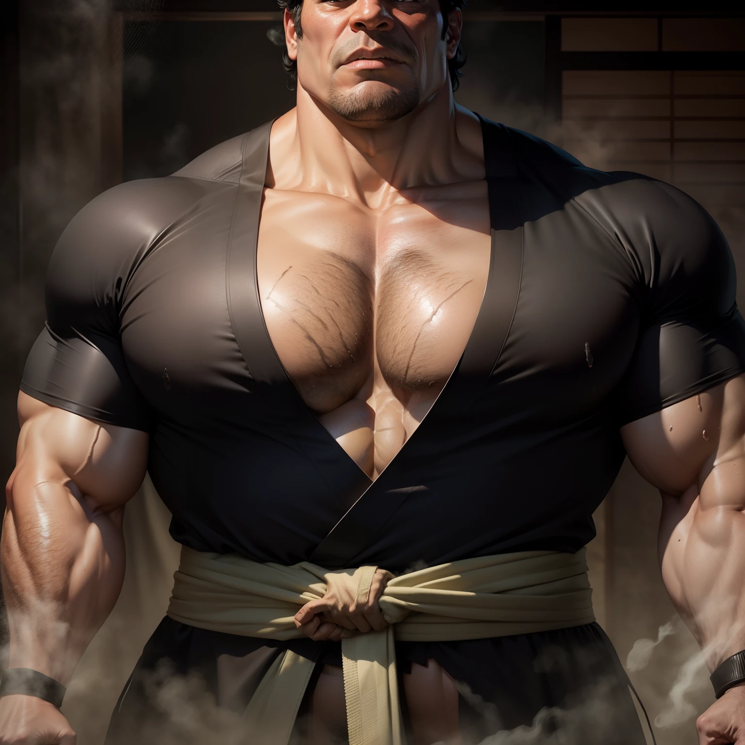 Uncle Banner the Hulk in the Avengers,The body is strong and slightly fat,Wearing a black Japanese kimono,Short black hair,The neckline of the shirt was ripped open,exposing her chest,There is chest hair,Sit in the steam room,Sweaty face,The expression is shy