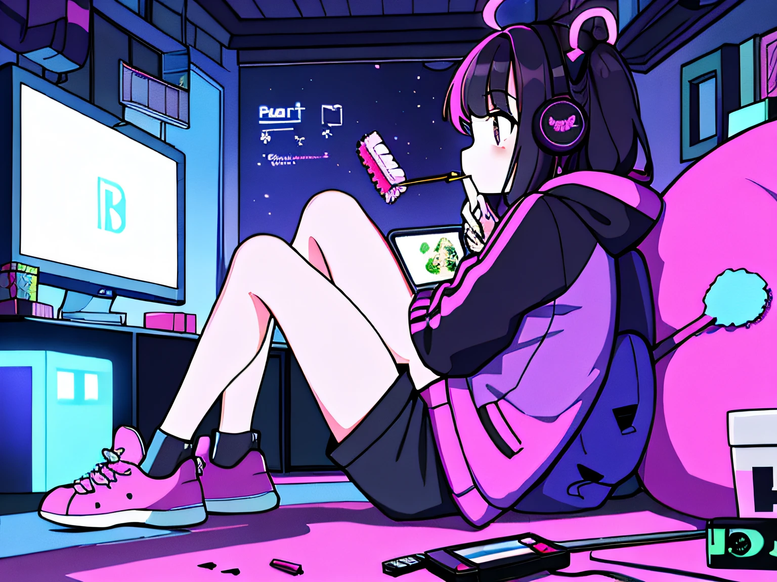 ((masterpiece)), ((best quality)), ((high res)), ((1girl)), ((solo)), incredibly absurdres, hoodie, headphones, neon lighting, blowing bubble gum in mouth, hood up, side view, (full body), matching socks, matching sneakers, pink and black hair, working in her laptop computer, sitting, bean bag cushion seat, widescreen tv monitor, munching on snacks, basement, japanese pocky snacks, cluttered room, video game console, internet, biker shorts