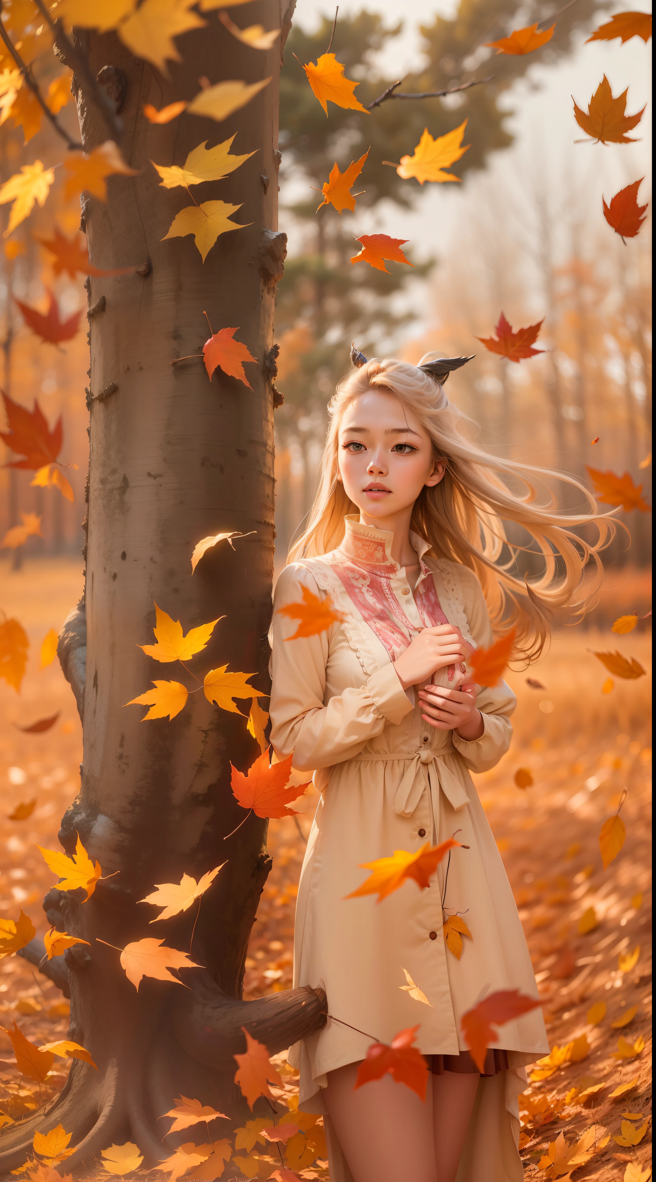 Picture quality:Highly detailed masterpiece 8K high resolution content:On the fields in autumn,The autumn breeze blows,Autumn leaves float in the air,There are shimmering particles fluttering,Warm light background:1girll,Surrealist portraits of women by David Hockney and Alphonse Mucha,hair glowing,vivaciousness,whaite hair,long whitr hair,in blouse wearing,Lazy action atmosphere:warm and comfortable,With a little cool autumn light:warm color:High saturation,Bright composition。:Rule of thirds composition style reference:photographrealistic
