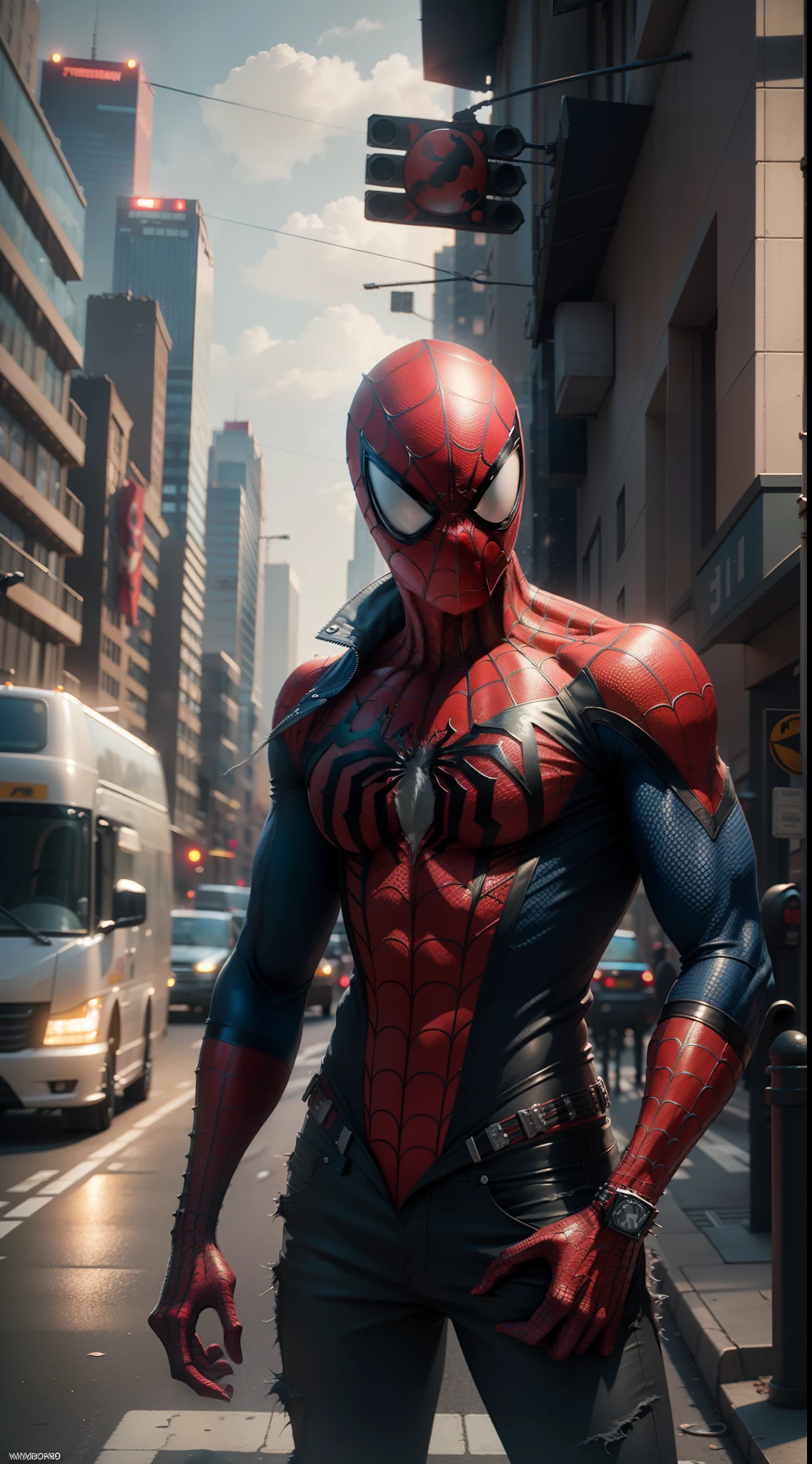 spiderman mutated into punk, photorealistic, detailed, on a city street, cinematic, dramatic colors, close-up, cgscociety, computer rendering, by mike winkelmann, uhd, shown in cinema4d, hardsurface modeling, 8k, octane render, inspired by beksinski