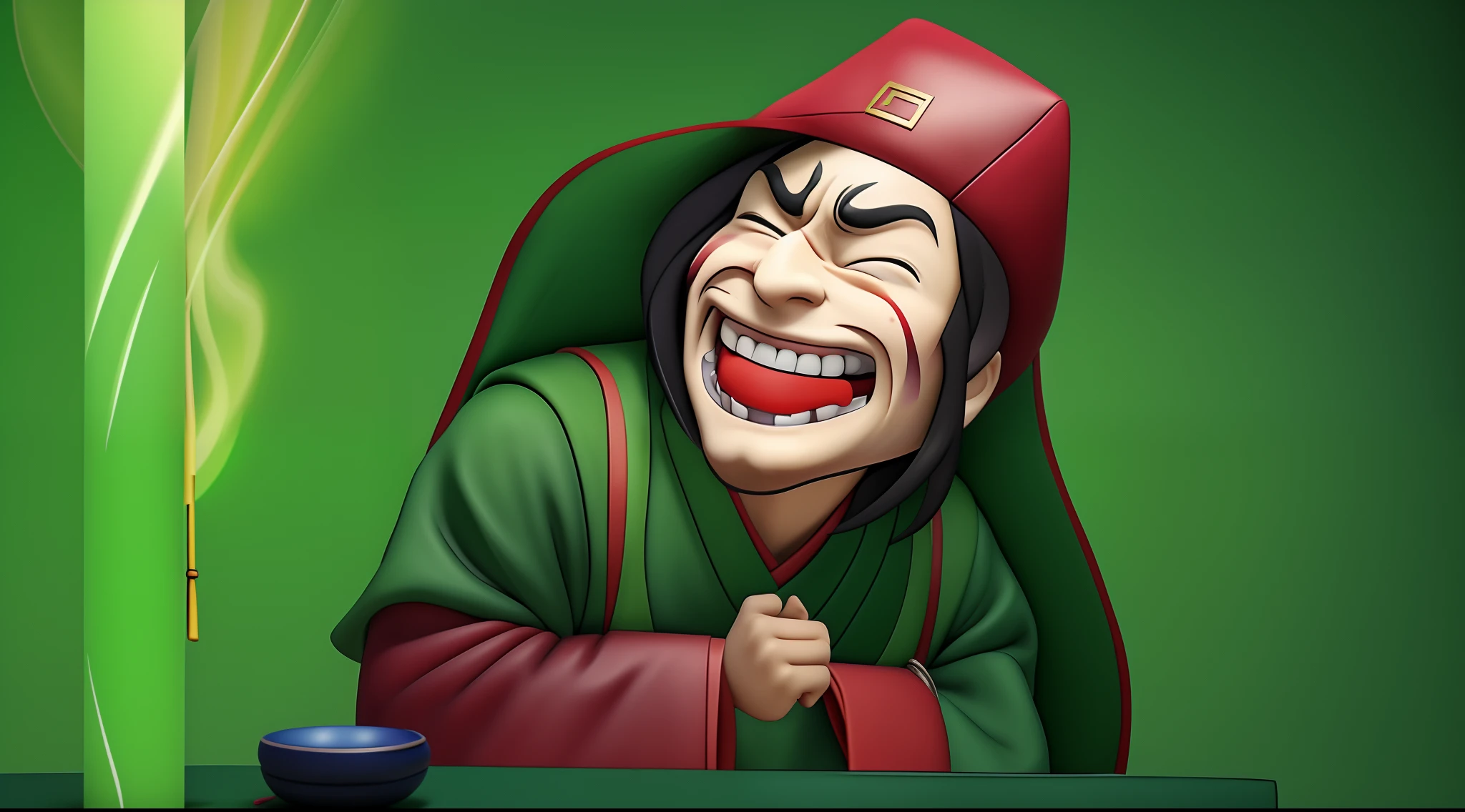 There is a green substance in the mouth,Arakfi in a hat, rasputin as grubhub character, ninja scroll anime style, Mulan, nezha, Evil villain smile, Akira in Chinese mythology, round teeth and goofy face, animation still screencap, evil grin smile, fujita goro!, unsettling grin, sly smile