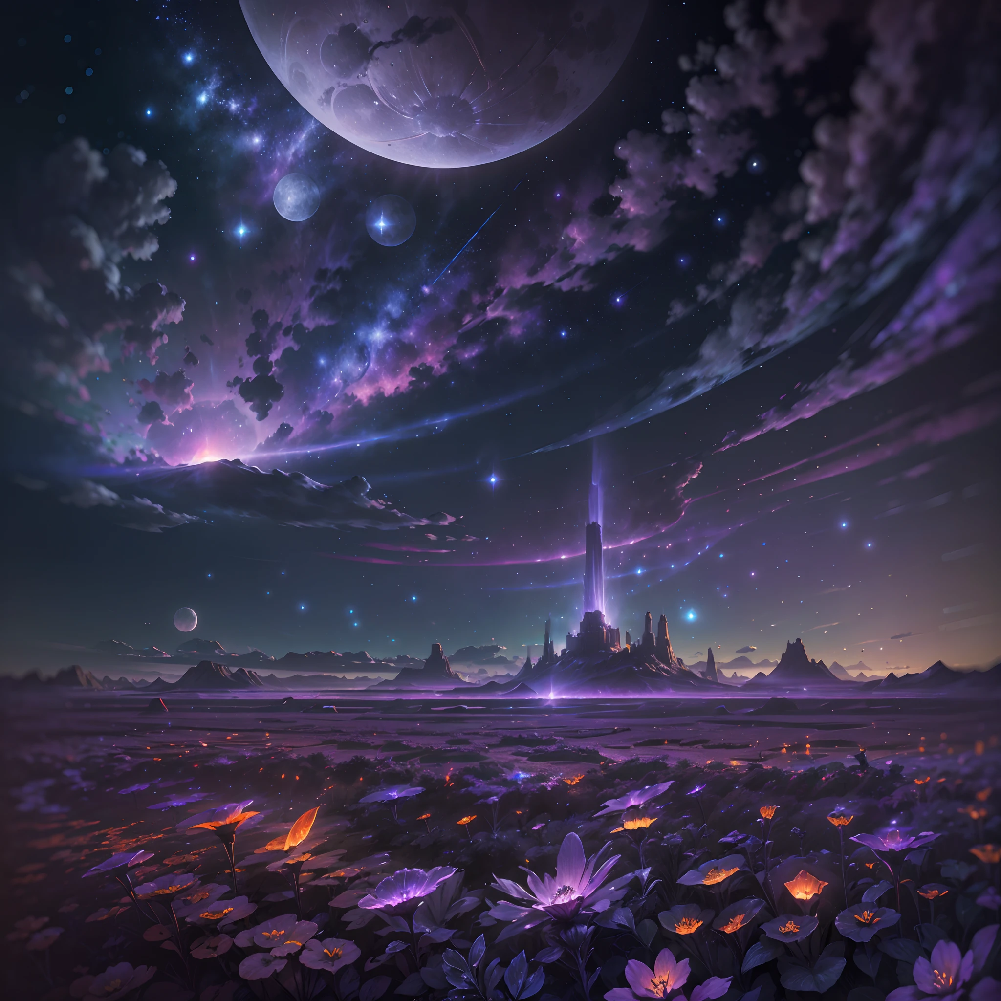 expansive landscape photograph , (a view from below that shows sky above and open field below), a girl standing on flower field looking up, (full moon:1.2), ( shooting stars:0.9), (nebula:1.3), distant mountain, tree BREAK production art, (warm light source:1.2), (Firefly:1.2), lamp, lot of purple and orange, intricate details, volumetric lighting, realism BREAK (masterpiece:1.2), (best quality), 4k, ultra-detailed, (dynamic composition:1.4), highly detailed, colorful details,( iridescent colors:1.2), (glowing lighting, atmospheric lighting), dreamy, magical, (solo:1.2) --auto --s2